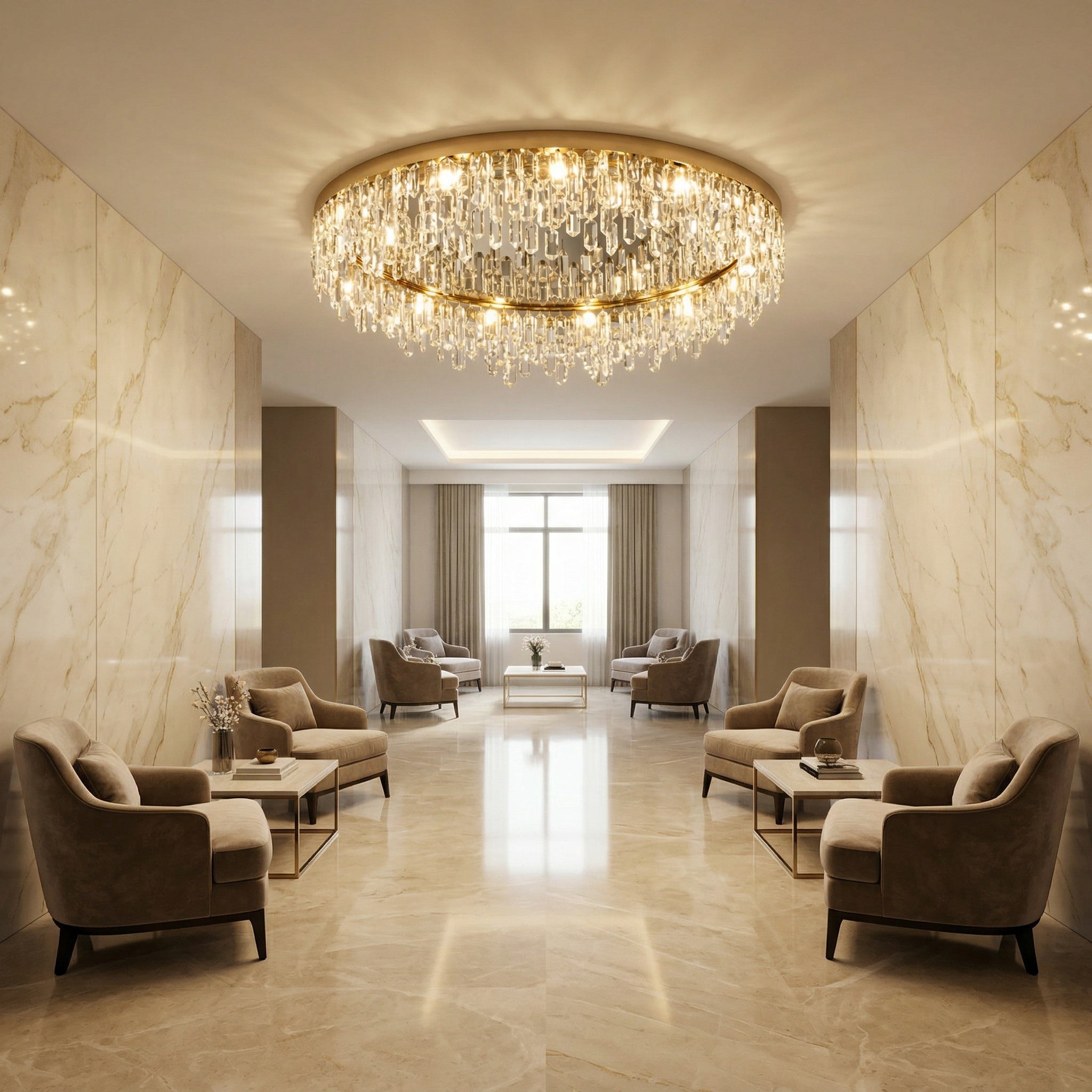 VORELLI® Abruzzi ceiling light with cascading crystals in luxury hotel interior with warm ambient lighting and marble finishes