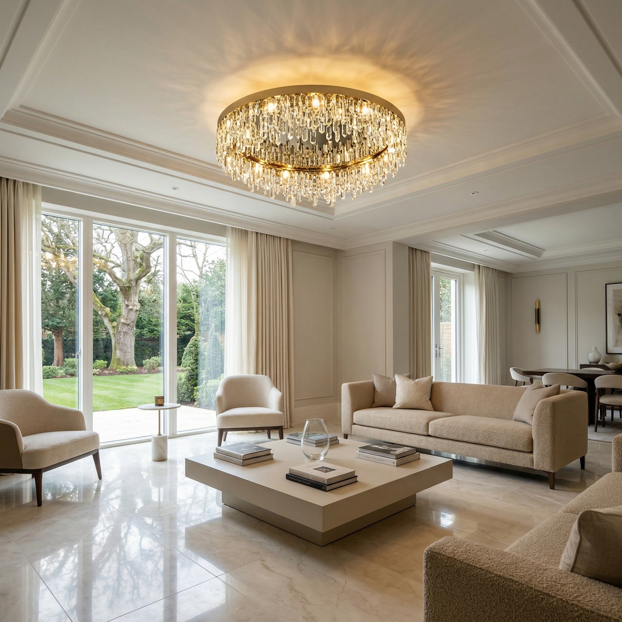 VORELLI® Abruzzi ceiling light with cascading crystal prisms in luxury UK living room with warm ambient lighting and marble interior