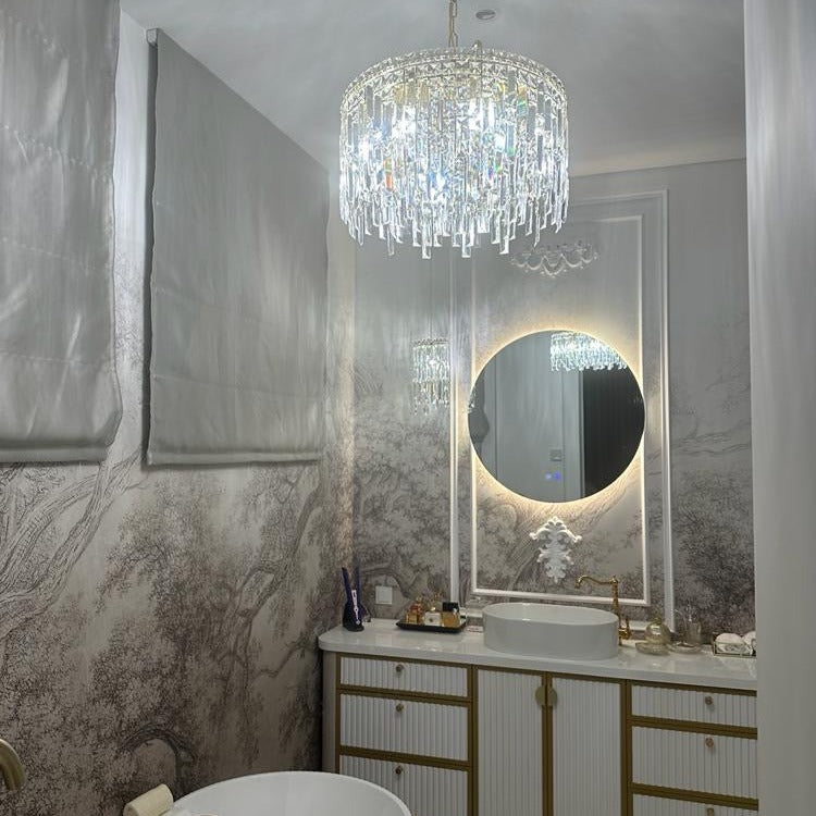 VORELLI® Abruzzi Circular Chandelier installed above a round table with mirror wall art