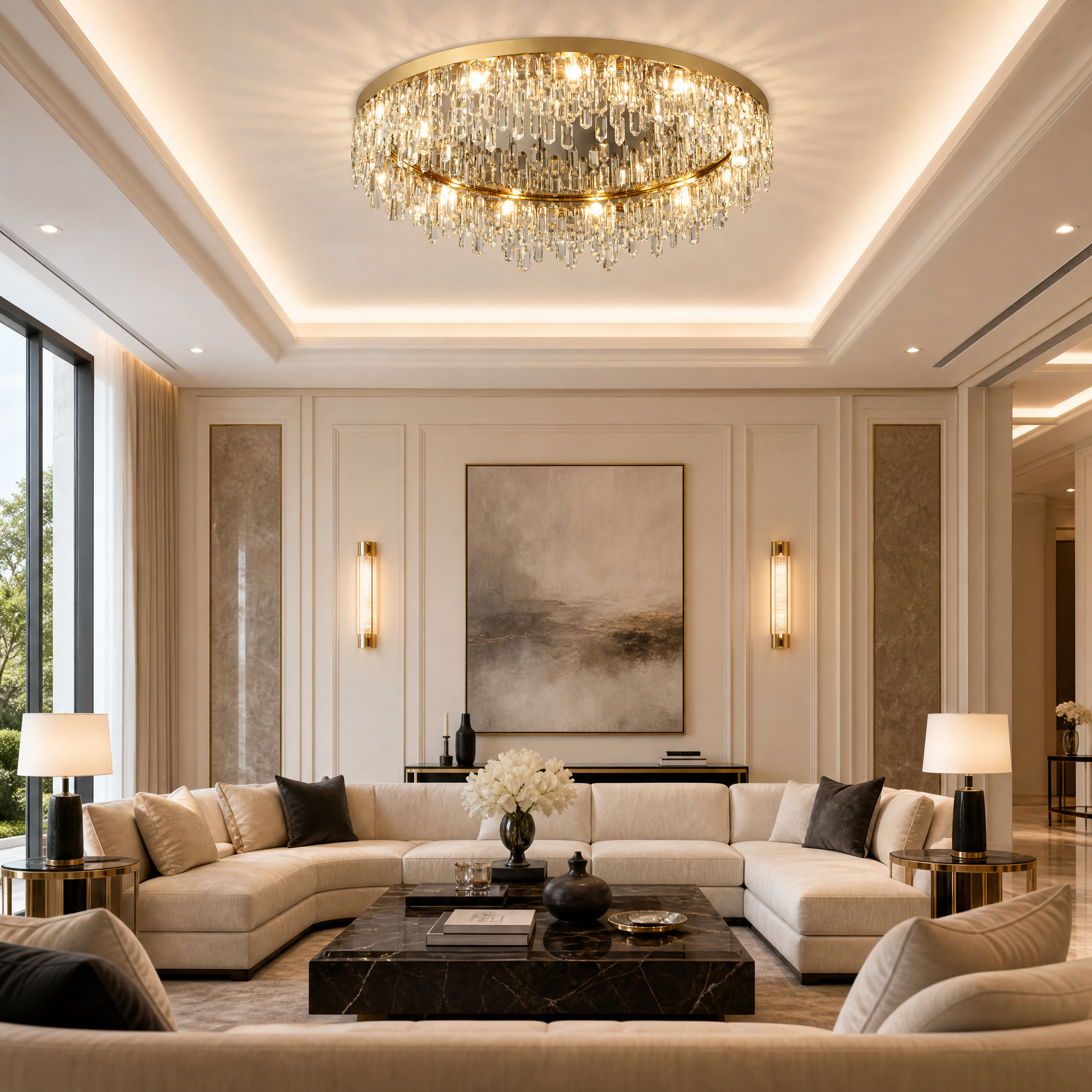 VORELLI Abruzzi crystal ceiling light illuminating a luxury modern residential living room with warm, captivating light.