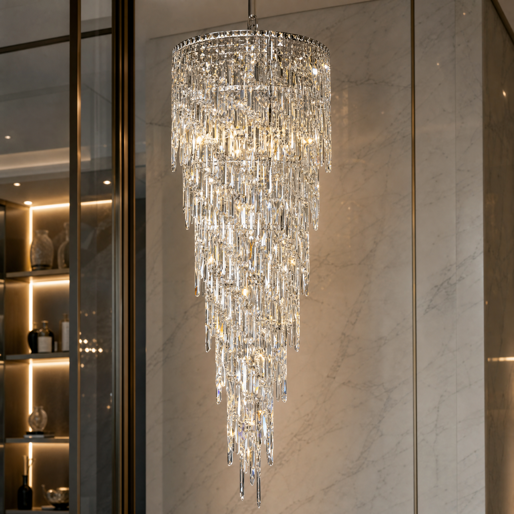 Detailed close-up shot of the exquisite crystal tiers and flawless metalwork of the VORELLI Abruzzi spiral chandelier.