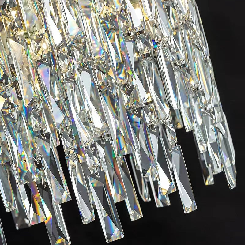 Close-up of diamond-cut crystal prisms on VORELLI® Abruzzi Spiral Staircase Chandelier