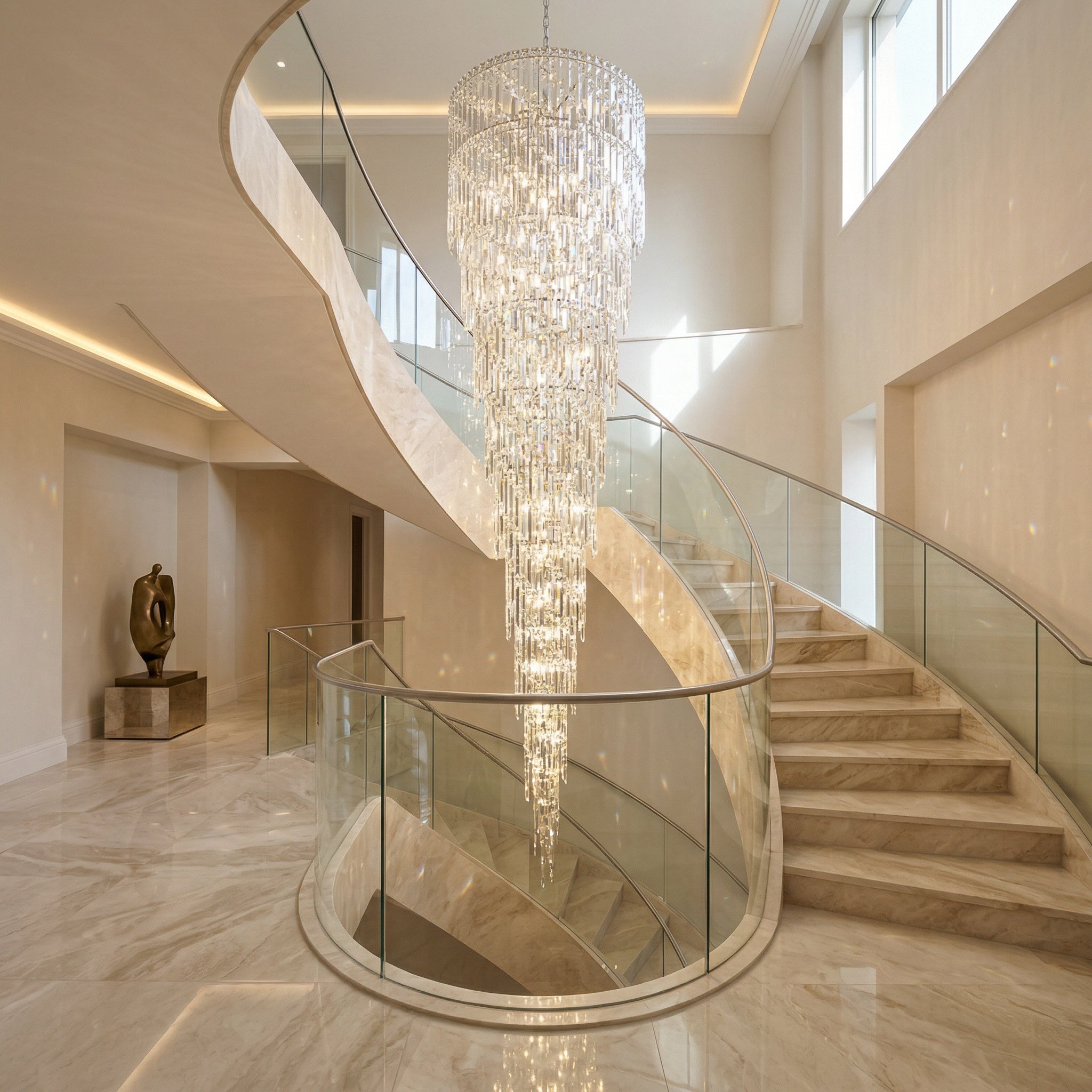 VORELLI® Abruzzi spiral staircase chandelier in luxury UK cream interior with cascading crystal prisms and warm ambient lighting