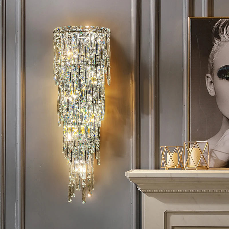 VORELLI® Abruzzi Wall Light illuminating a warm-toned luxury interior with cascading crystals