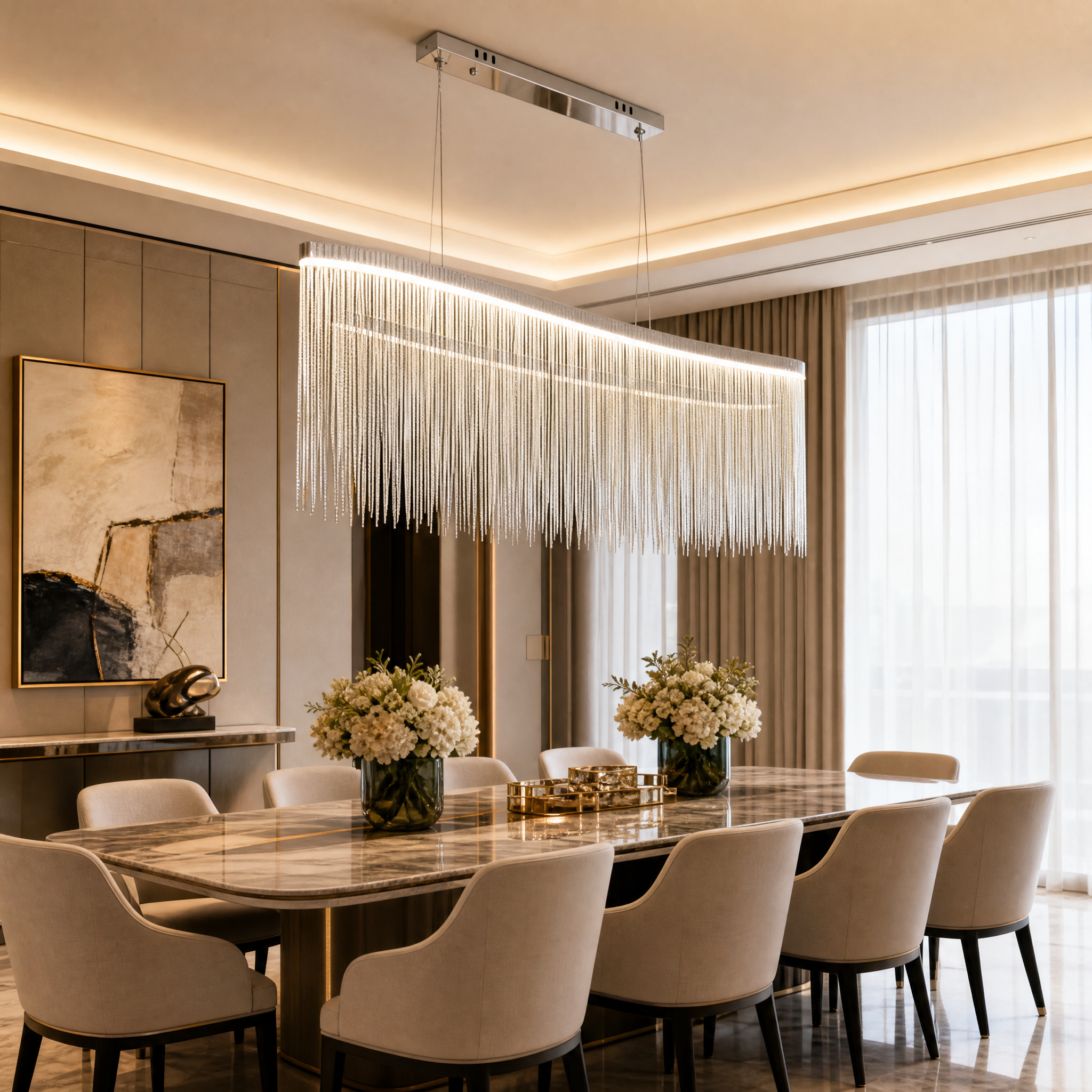 VORELLI Adlington Arc Rectangular Chandelier with cascading chains suspended over a contemporary luxury residential dining room table.