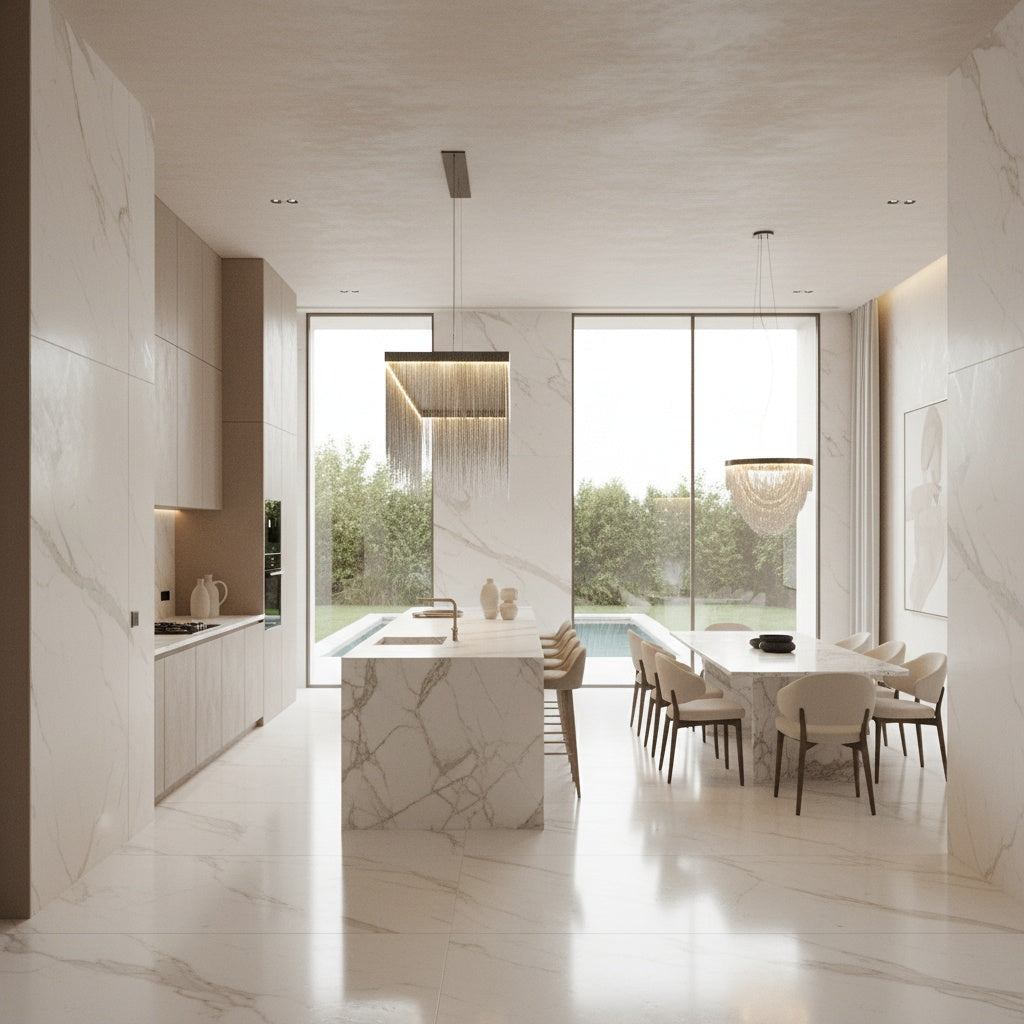 VORELLI® Adlington rectangular chandelier in luxury Dubai cream interior with cascading chain strands and warm ambient lighting
