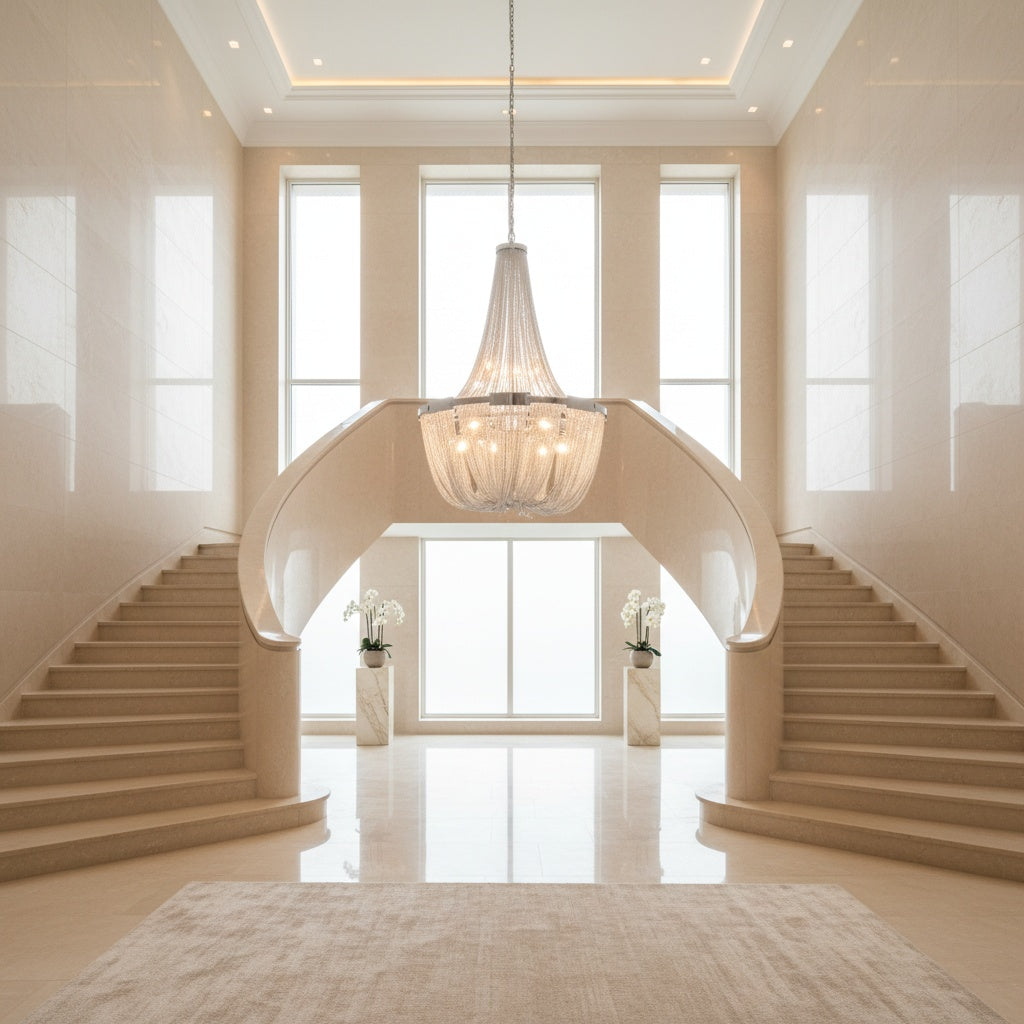 VORELLI® Adlington rectangular chandelier in luxury Dubai cream interior with cascading chain strands and warm ambient lighting