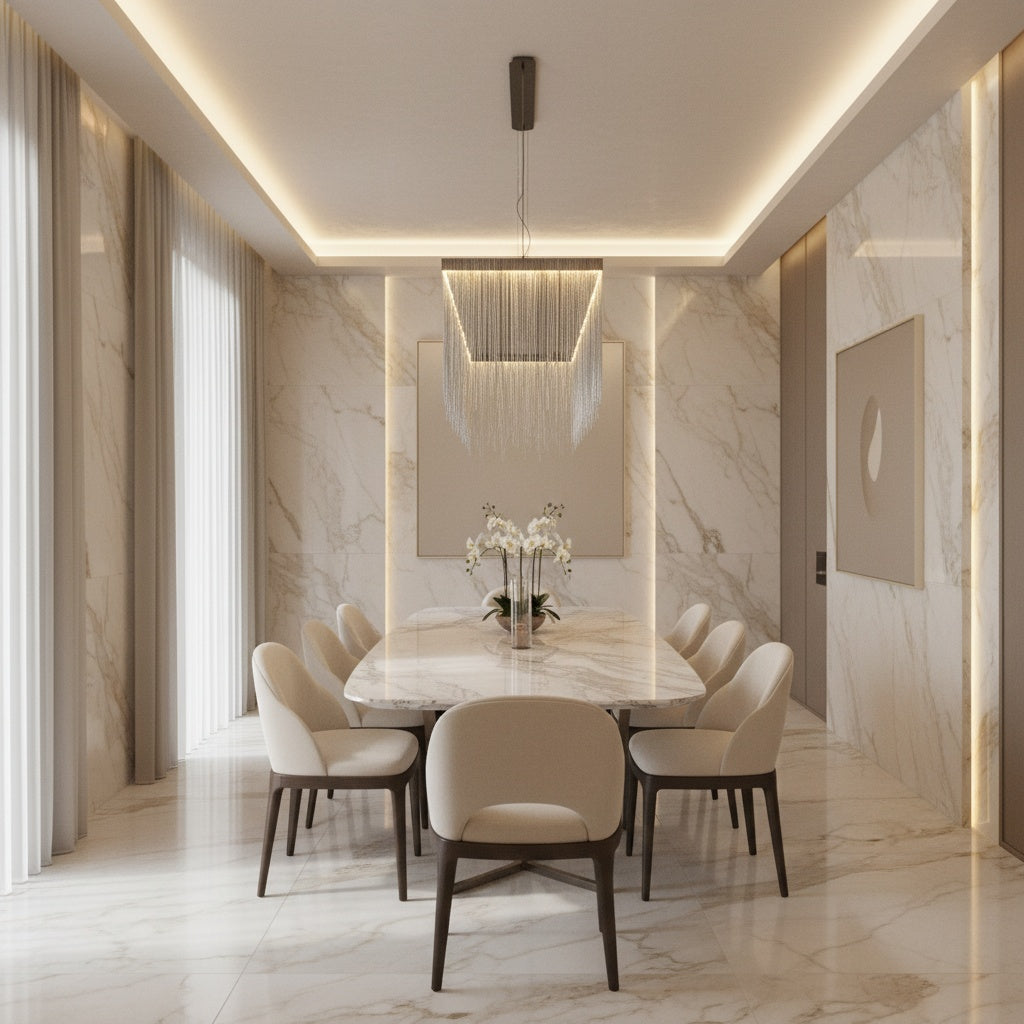 VORELLI® Adlington rectangular chandelier above dining table in luxury UK cream interior with cascading chain strands and warm lighting