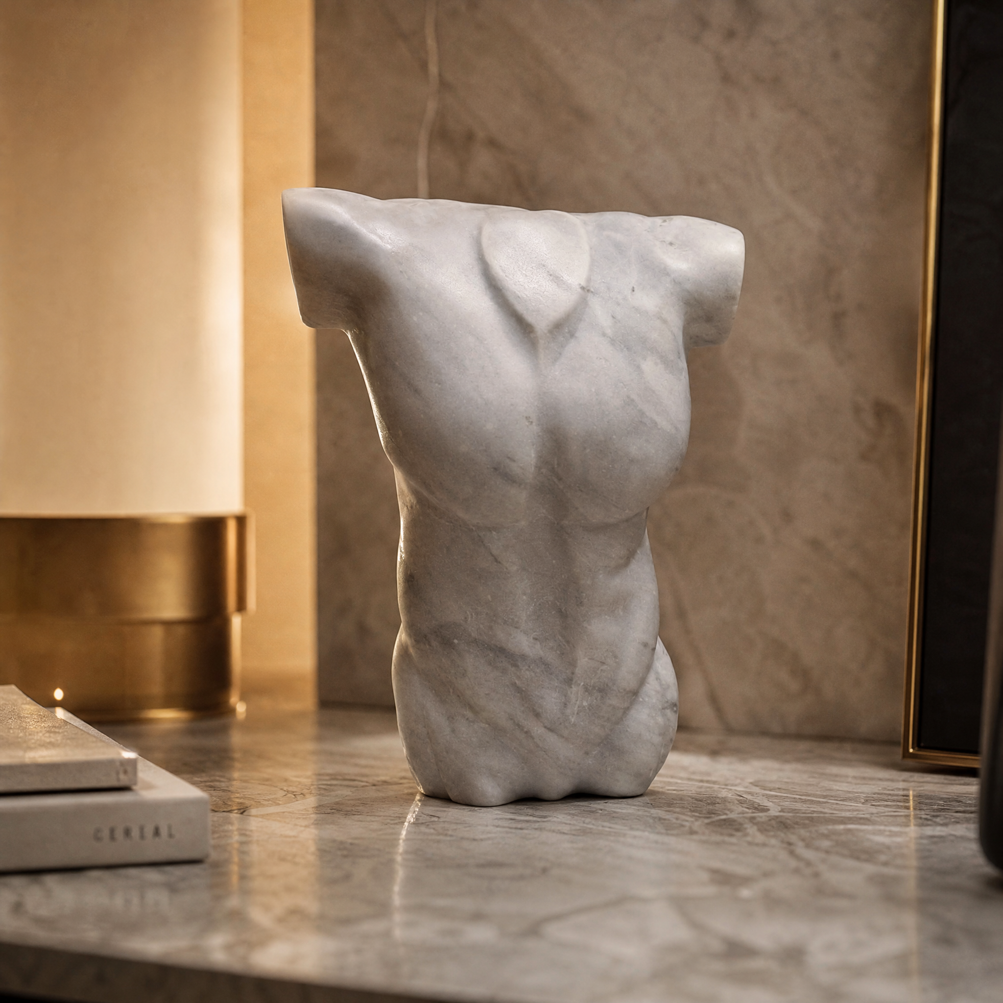 Detailed close-up showing the polished finish and unique natural material contours of the Adriano Torso piece.