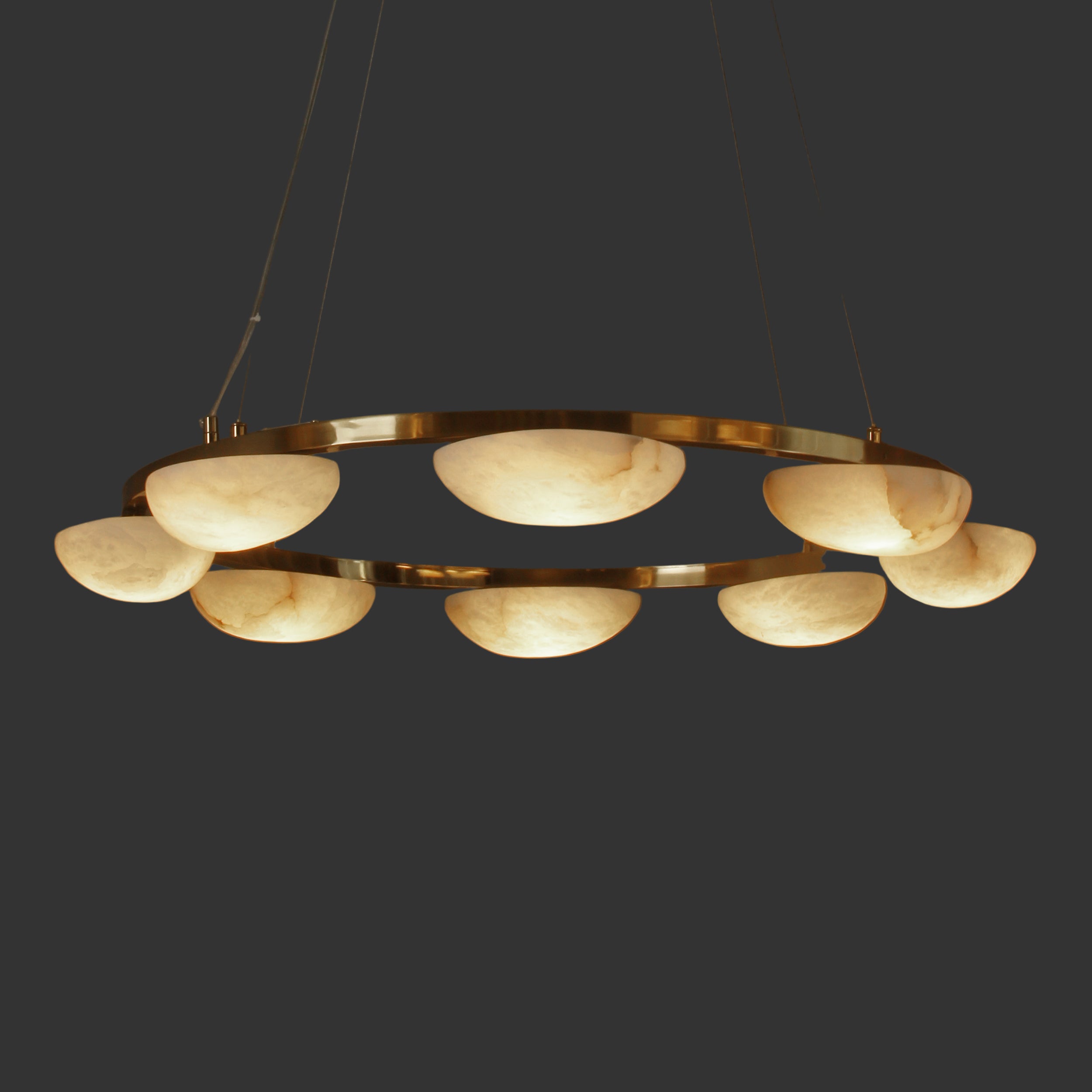 VORELLI® Alba Marble Circular Chandelier with minimalist marble ring and soft warm glow against a dark background