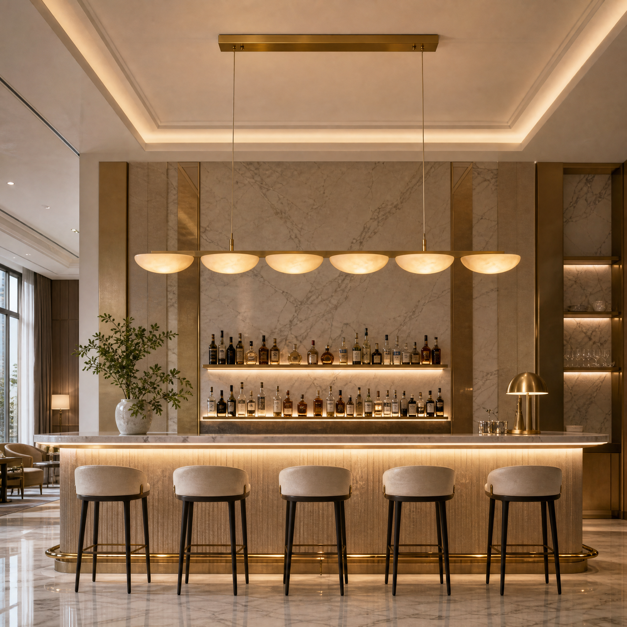 The elegant VORELLI Alba Marble Rectangular Chandelier providing sophisticated, warm illumination for a high-end hospitality lounge or hotel lobby.
