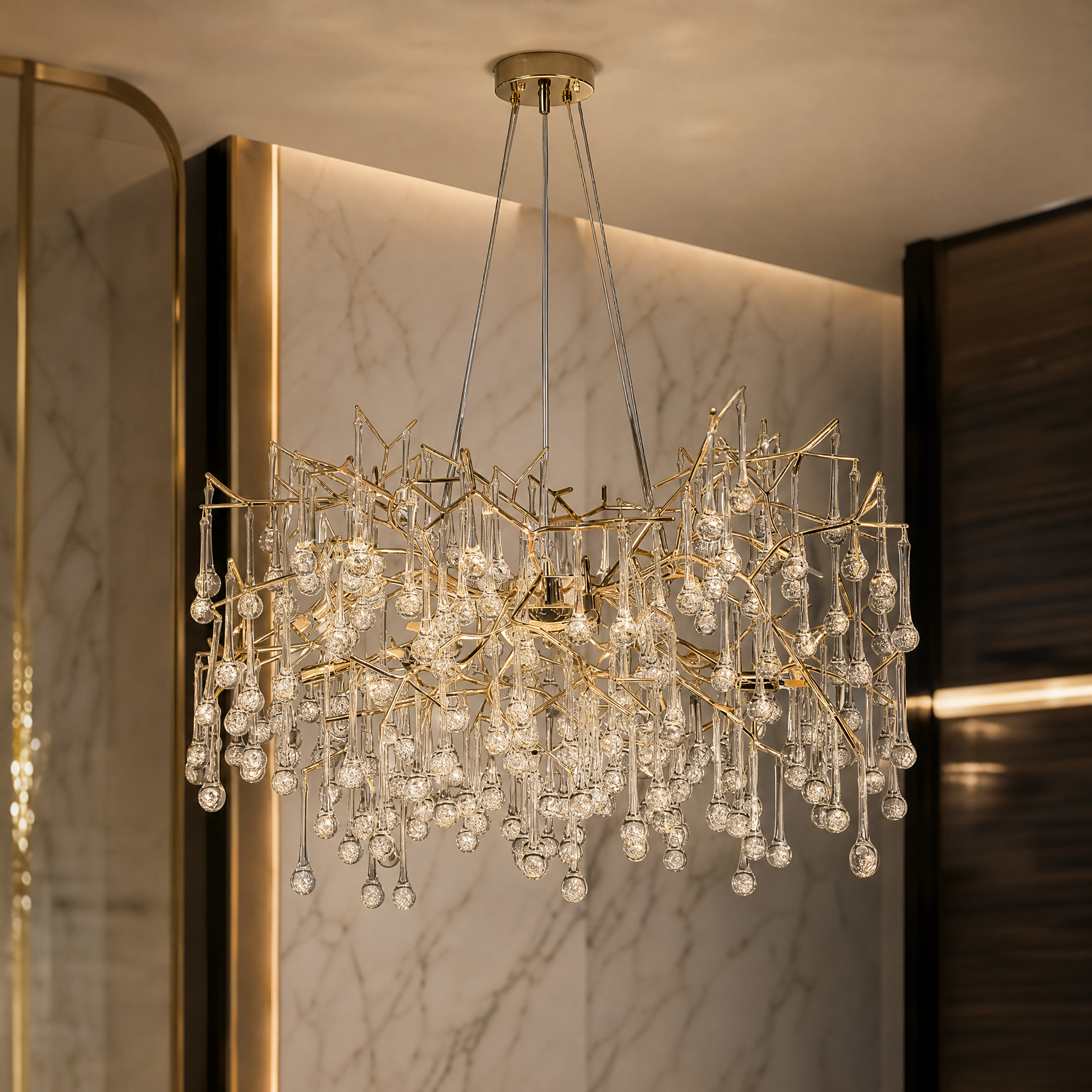 Close-up detail of the VORELLI L'Albero d'Oro chandelier showing intertwined golden branches and suspended crystal droplets.