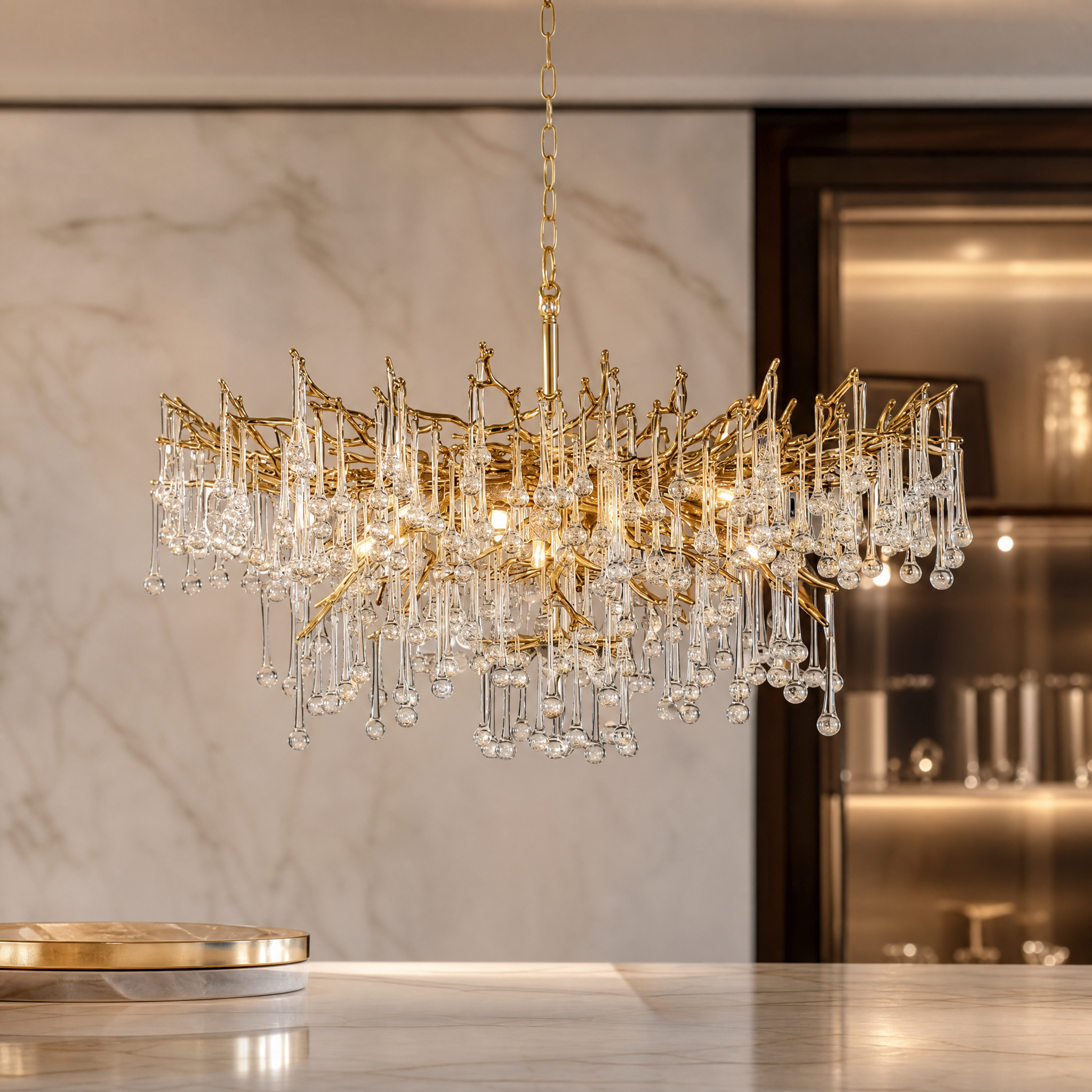 Detailed closeup of the sculptural branching forms and intricate suspended glass droplets on the Vorelli L’Albero d’Oro III chandelier.