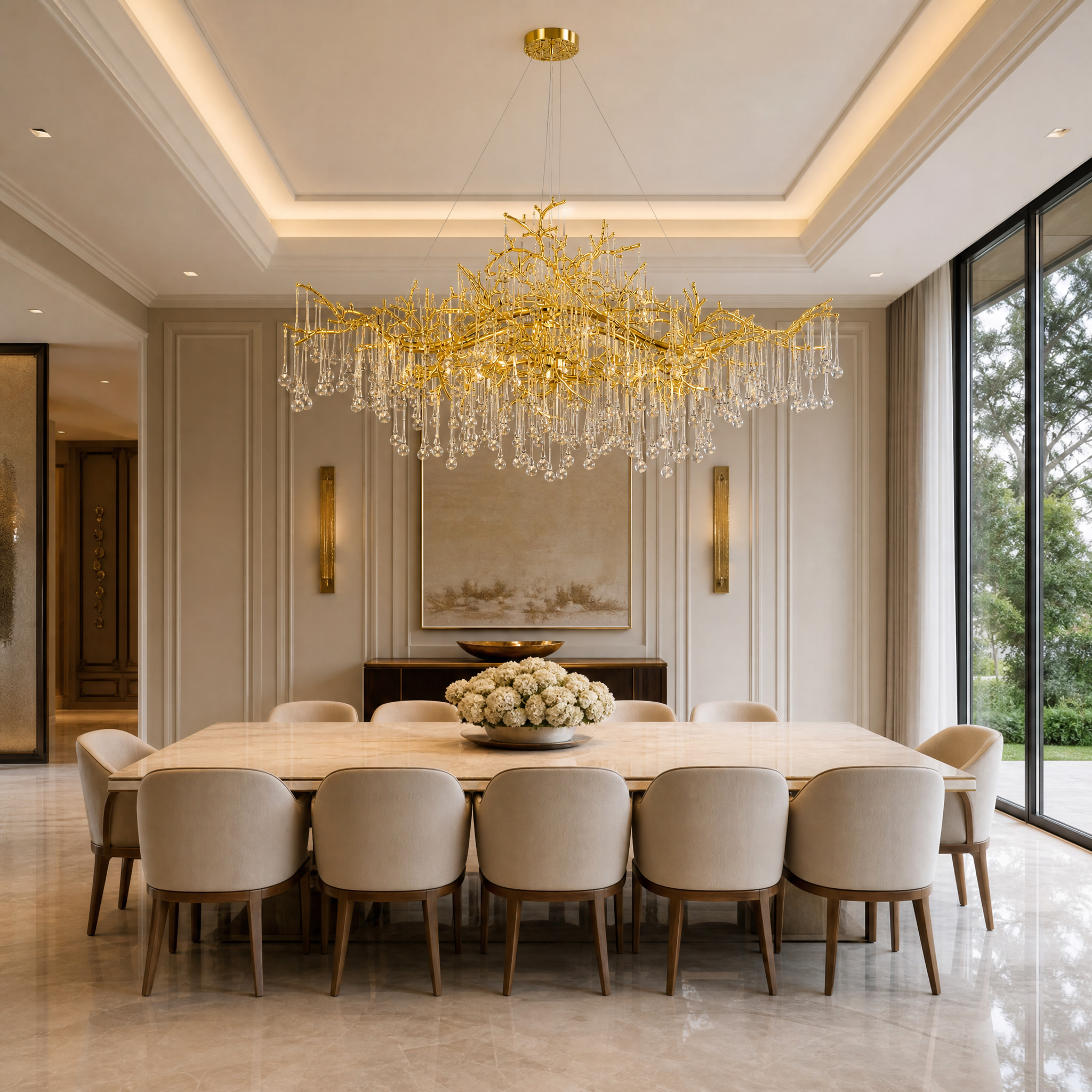 The Vorelli L’Albero d’Oro Rectangular Chandelier V installed in a luxurious residential dining room, casting a warm glow over a modern dining table setup.