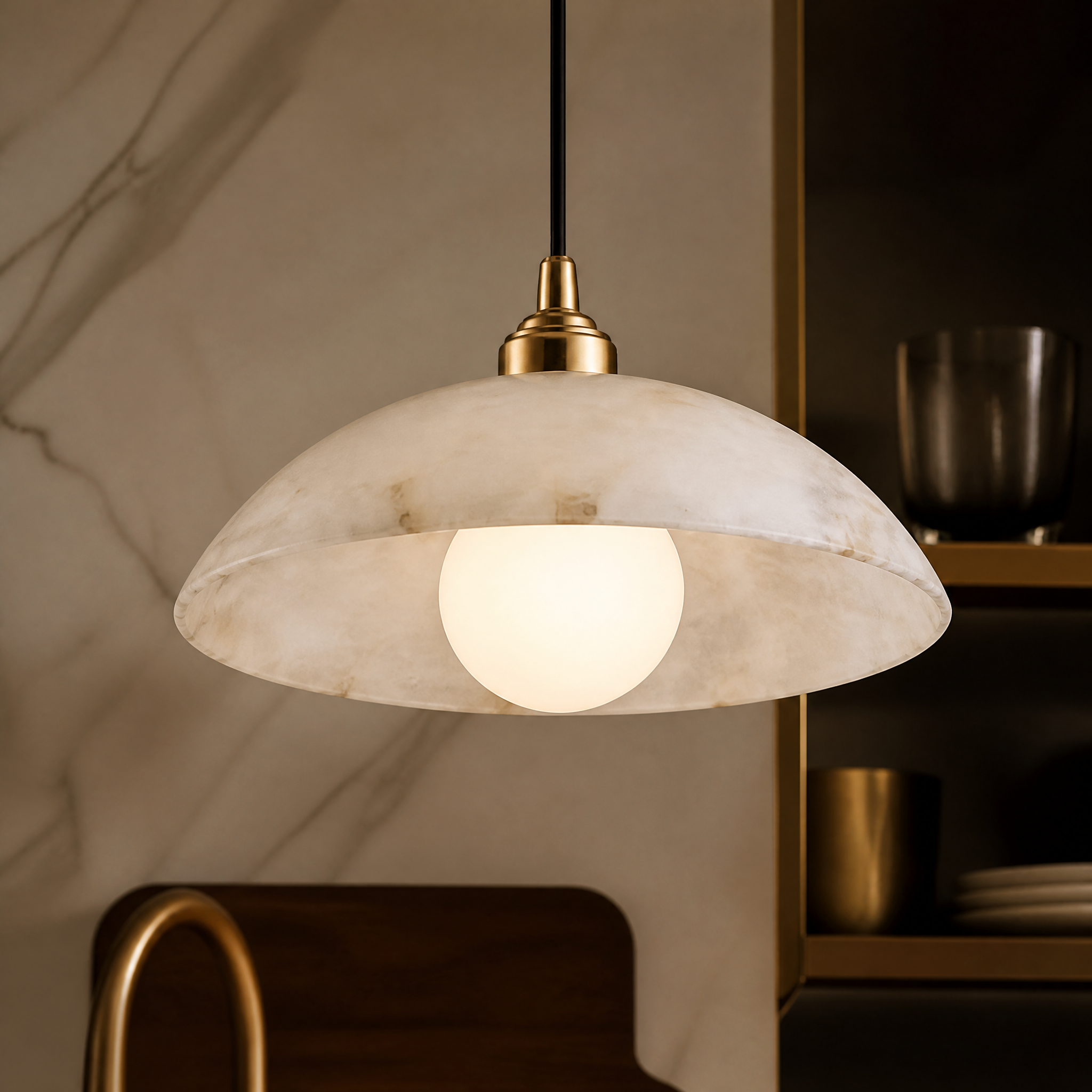 A macro close-up showcasing the exquisite natural veining and refined craftsmanship of the VORELLI Alessia Marble Pendant Light's translucent stone shade.