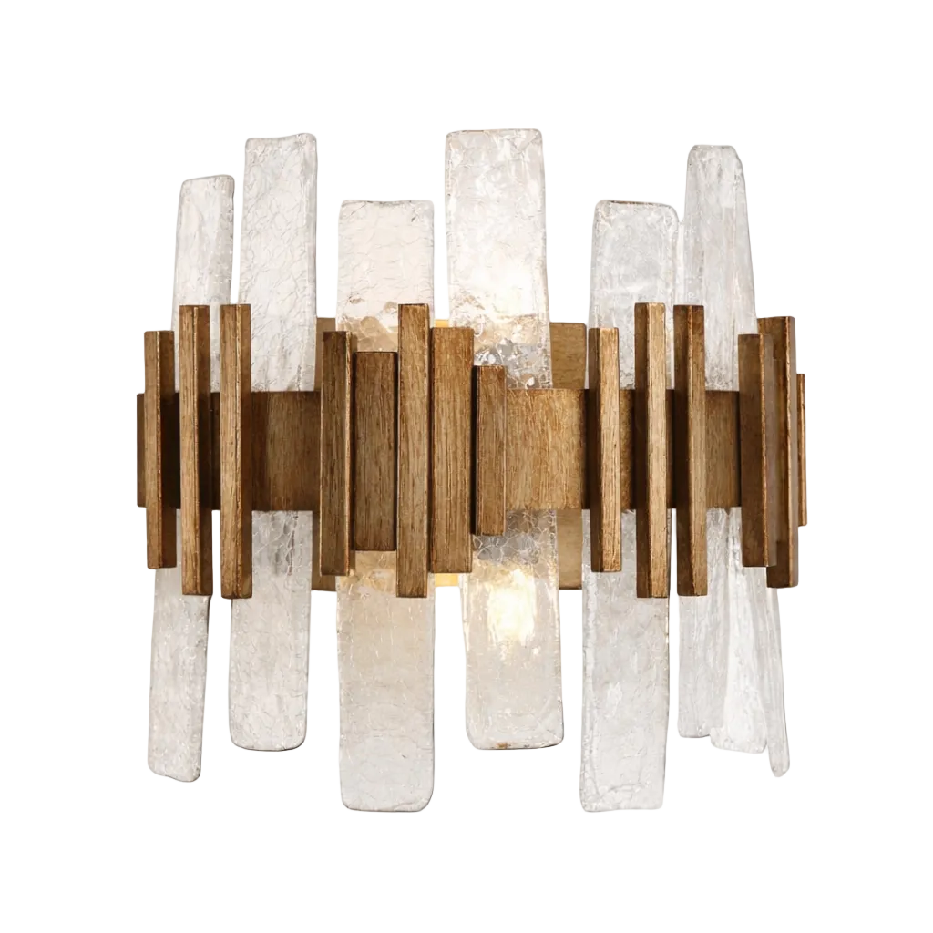 Luxury crystal wall light with layered textured clear glass panels and brushed warm-tone metal bars forming a sculptural rectangular sconce, softly illuminated and isolated on a pure white background.