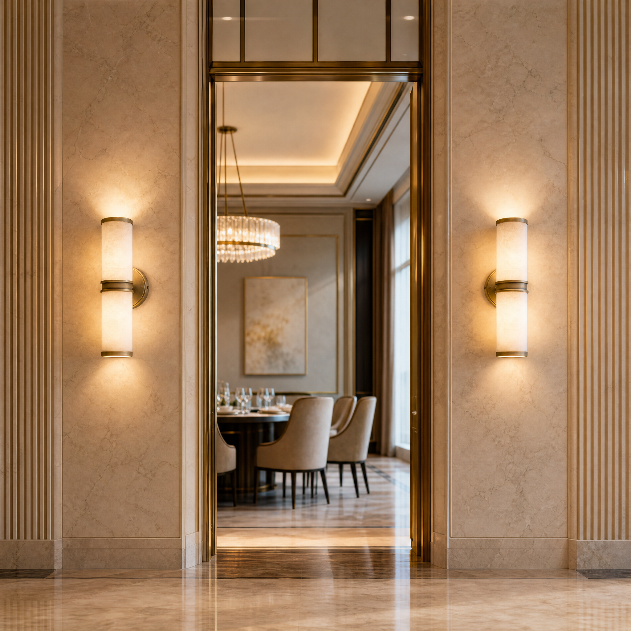A pair of elegant Almora Alabaster Brass Wall Sconces by VORELLI flanking a hallway mirror in a high-end hospitality hotel lobby design.