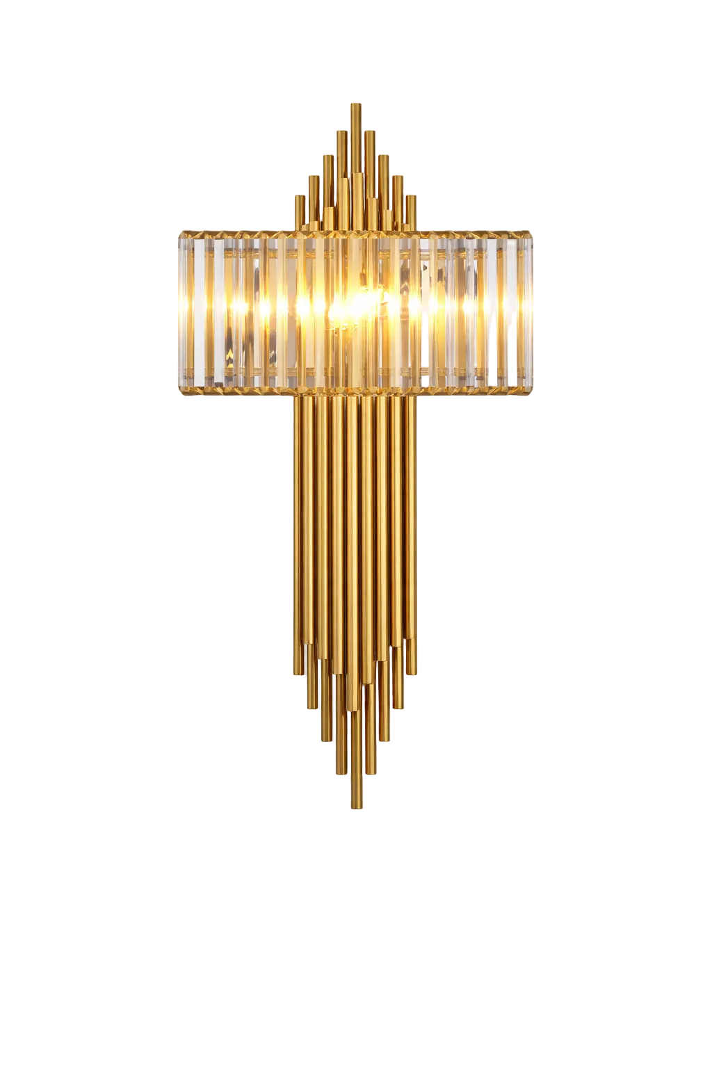 Luxury gold wall light with vertical clear crystal bars forming a rectangular illuminated centre and tapered polished gold rods extending above and below, isolated on a pure white background.