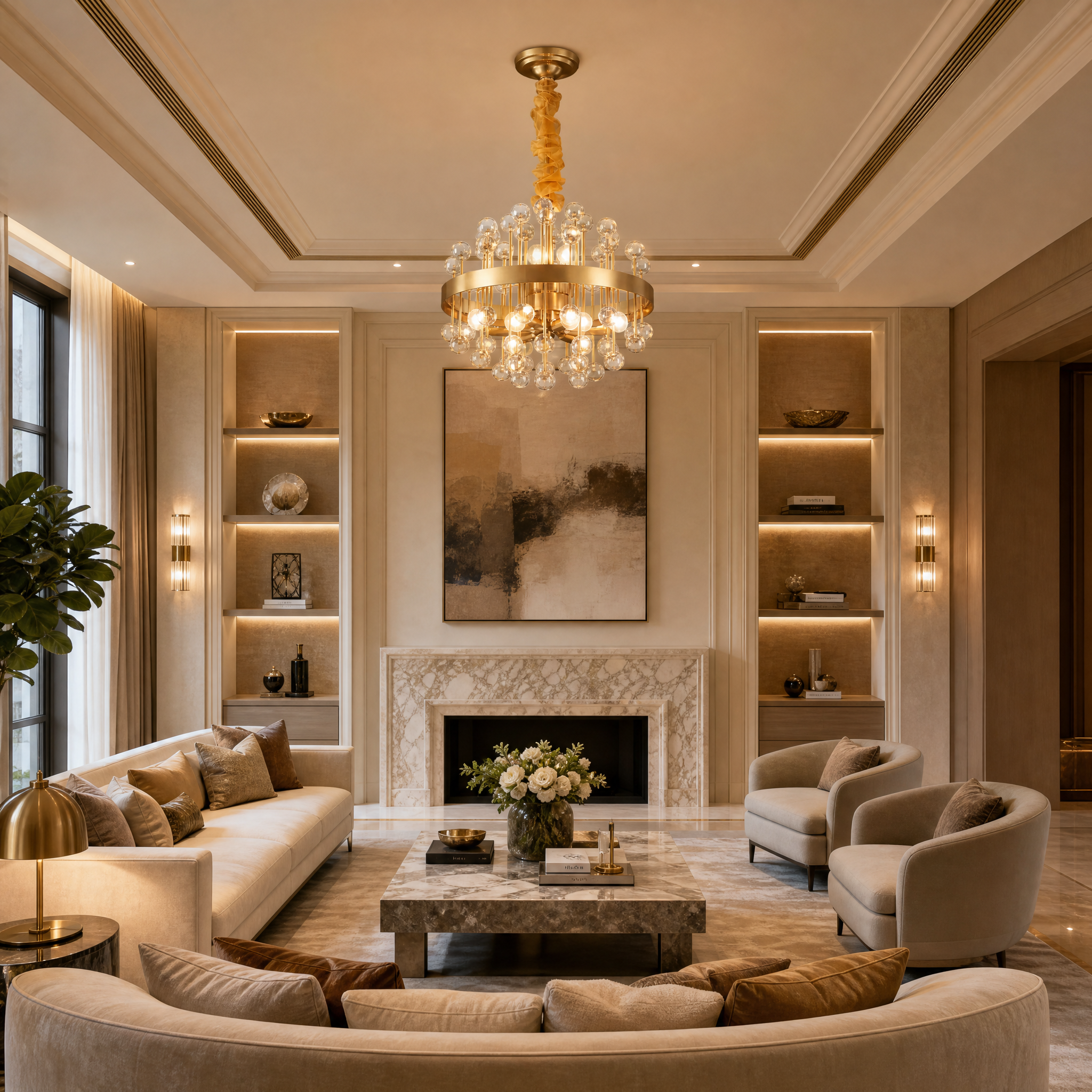 VORELLI Alytus circular chandelier casting a warm, elegant glow over a luxury residential living room with modern decor.