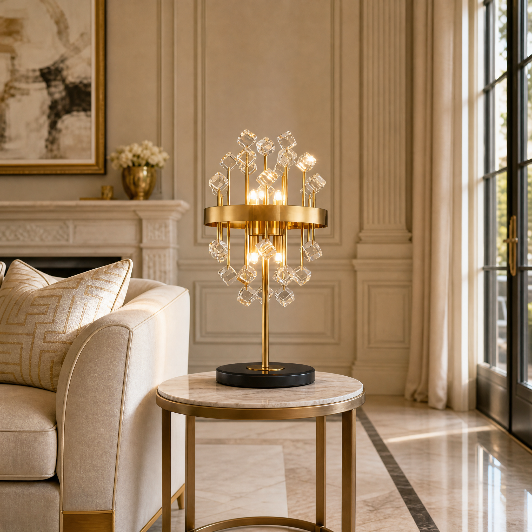 The Vorelli Alytus table lamp adds playful sophistication to a luxury residential living room setting, showcasing its unique glass spheres.