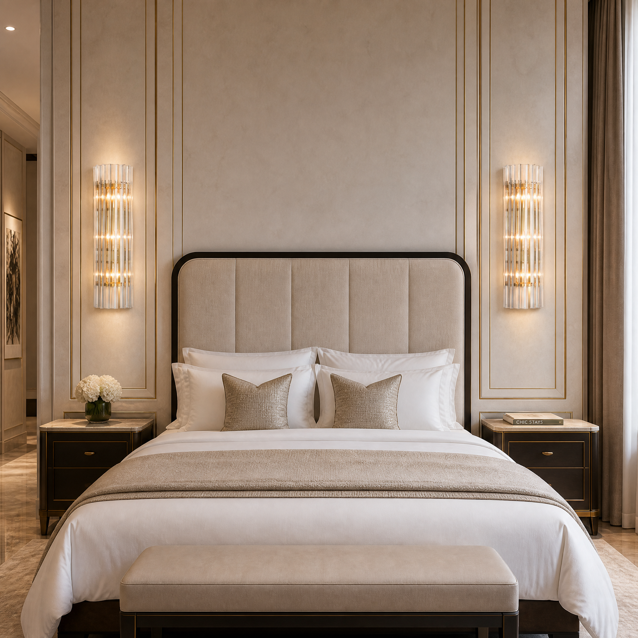 Amarino modern hospitality wall sconce by VORELLI in an upscale hotel lounge, featuring individual amber glass pieces for a sophisticated mid-century aesthetic.