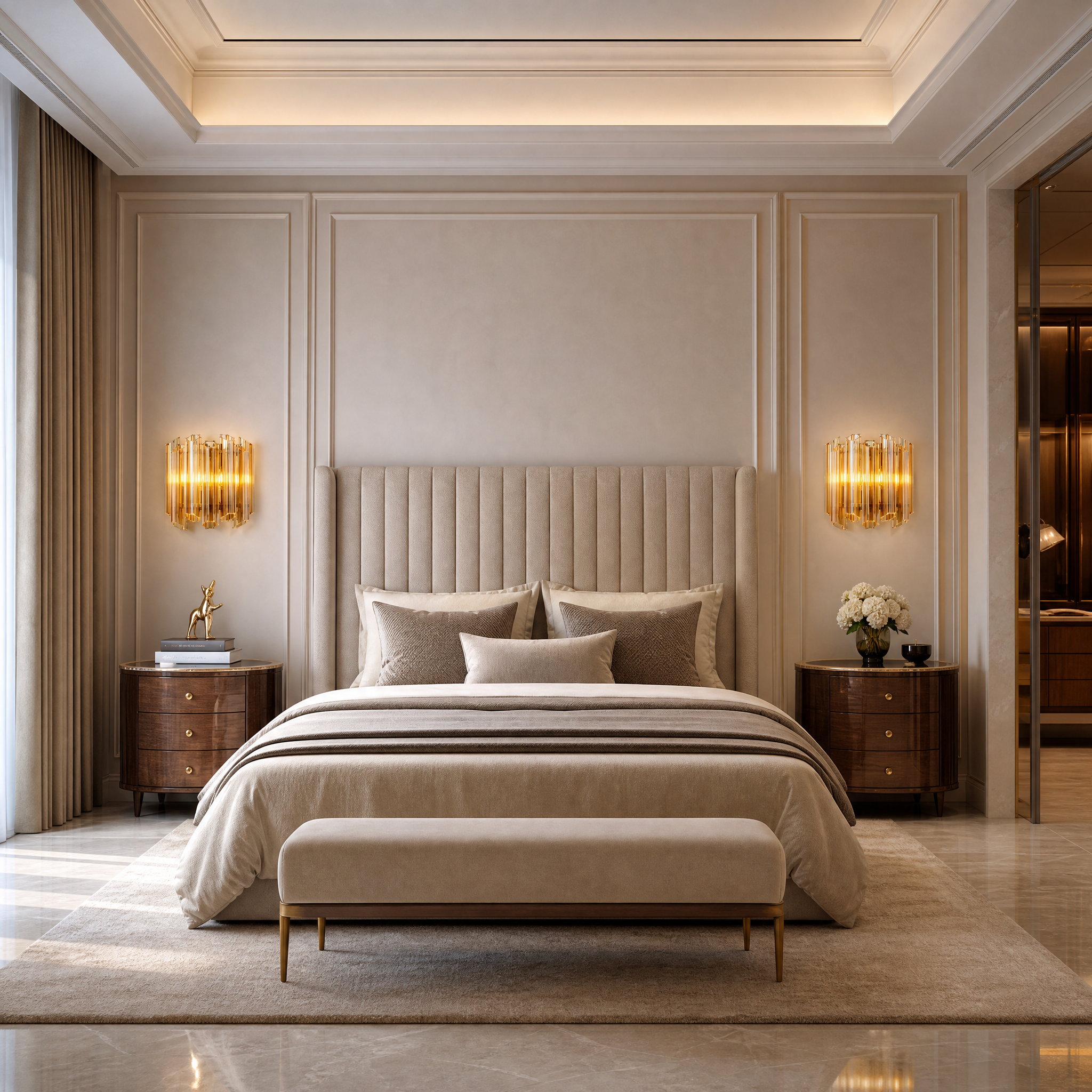 VORELLI Amber Palermino wall light installed in a luxury residential living room, casting a warm, atmospheric glow against contemporary decor.