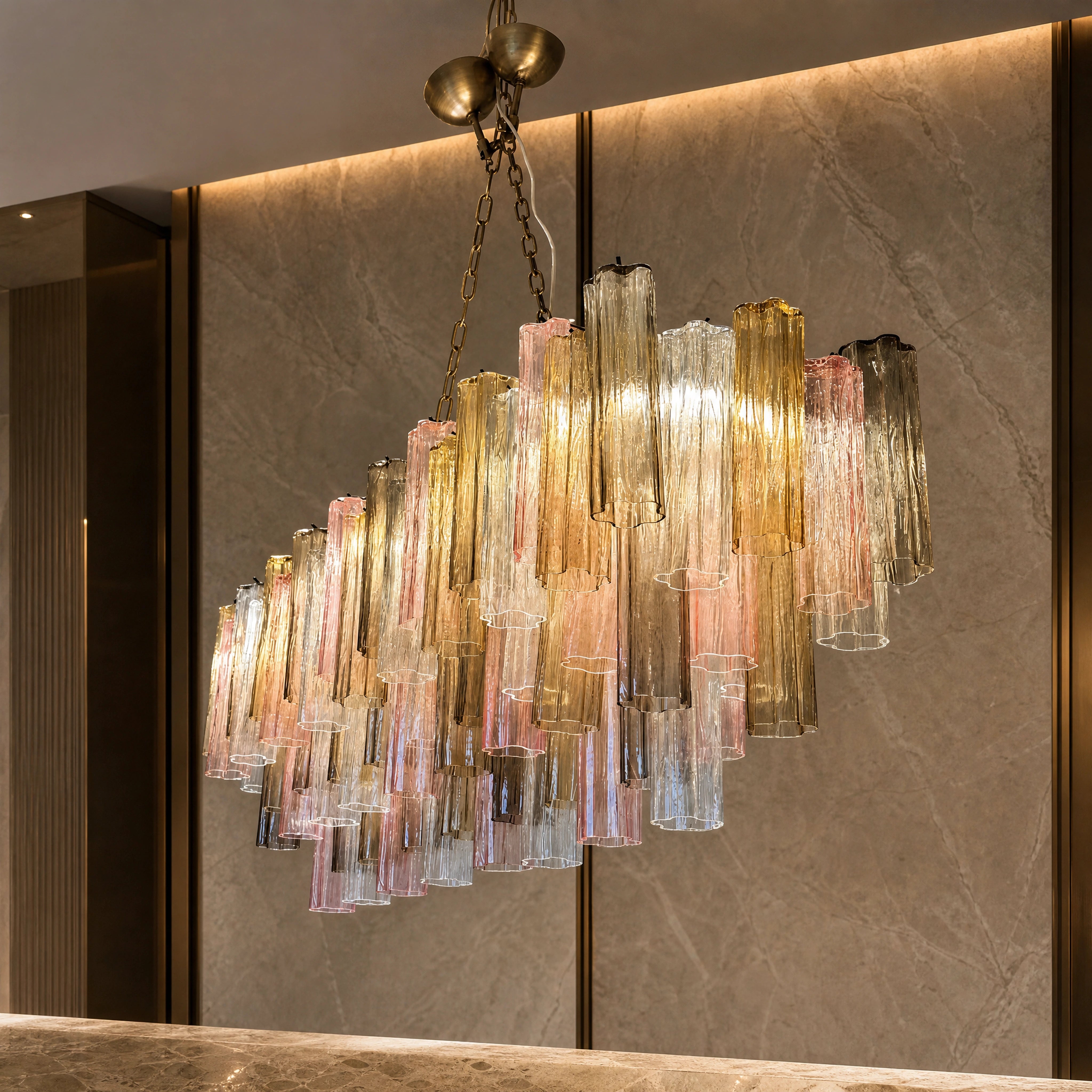 Andria Tronchi Murano Glass Rectangular Chandelier close-up luxury lifestyle hero image by VORELLI