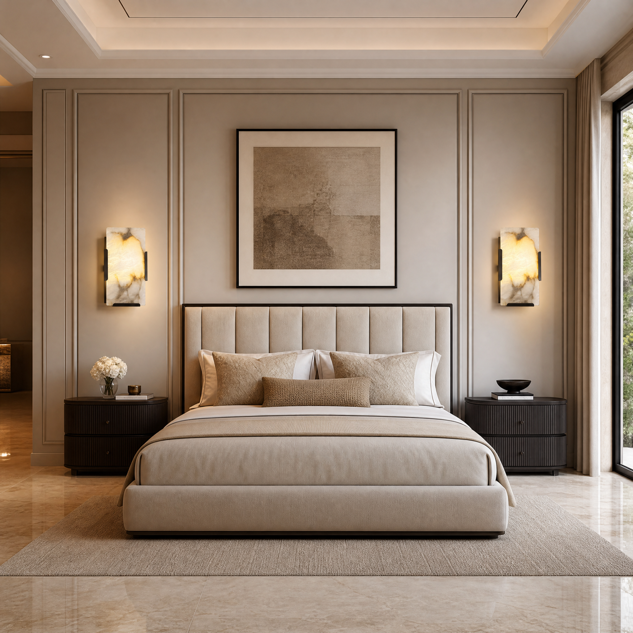 The VORELLI Angel Marble Wall Light illuminating a luxury residential living room, highlighting the natural marble veining against an elegant modern interior backdrop.