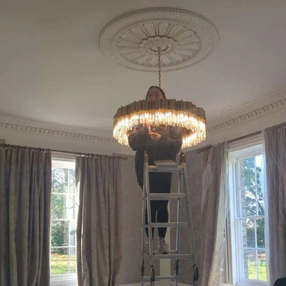 VORELLI Antilia circular chandelier installed in a luxury interior, showcasing scale, craftsmanship, and statement lighting design