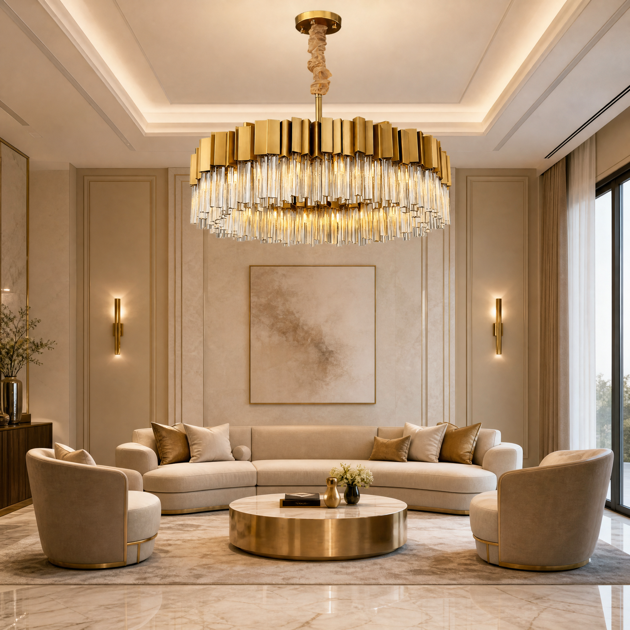 VORELLI Antilia circular crystal chandelier illuminating a modern luxury living room with sophisticated radiant brilliance.