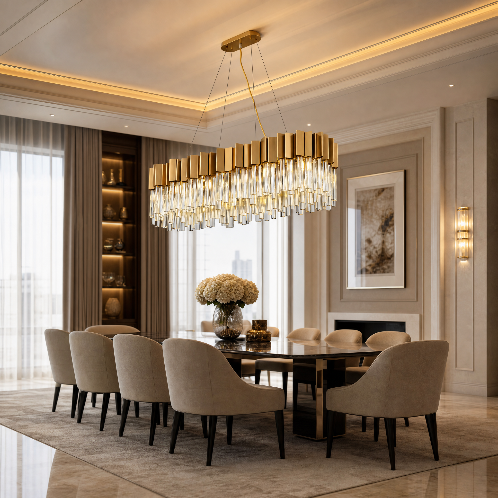 The VORELLI Antilia Rectangular Chandelier illuminating an upscale residential dining space with warm modern brilliance.