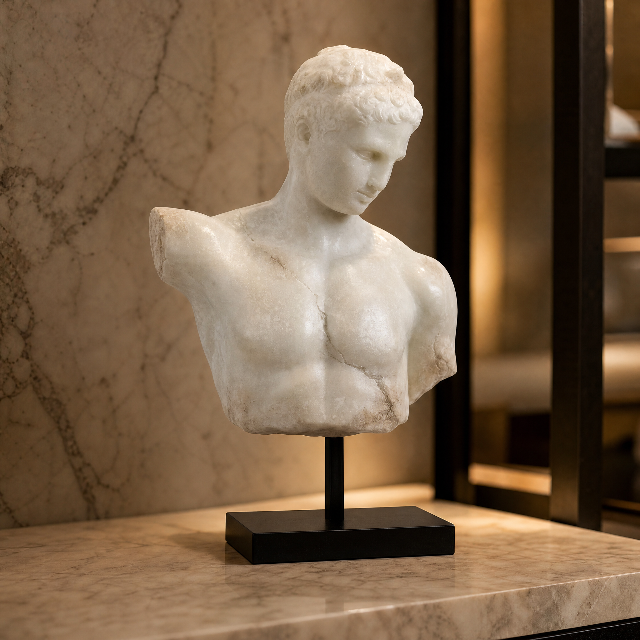 Macro closeup shot of the VORELLI Antimo Bust Decor, highlighting the fine artistic details and premium material texture.
