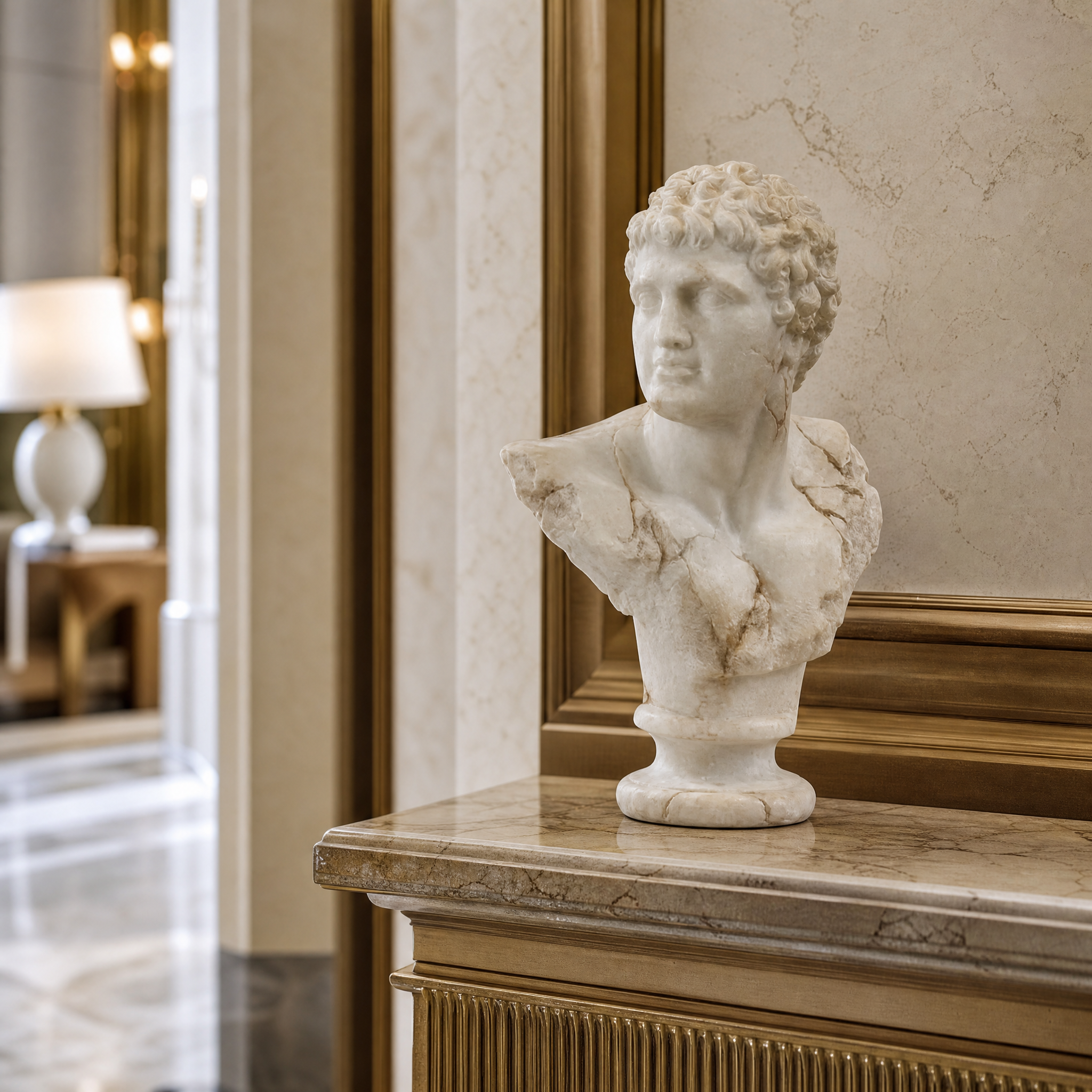 The Young Apollo compact bust by VORELLI accenting a boutique hotel lobby desk for a sophisticated hospitality aesthetic.