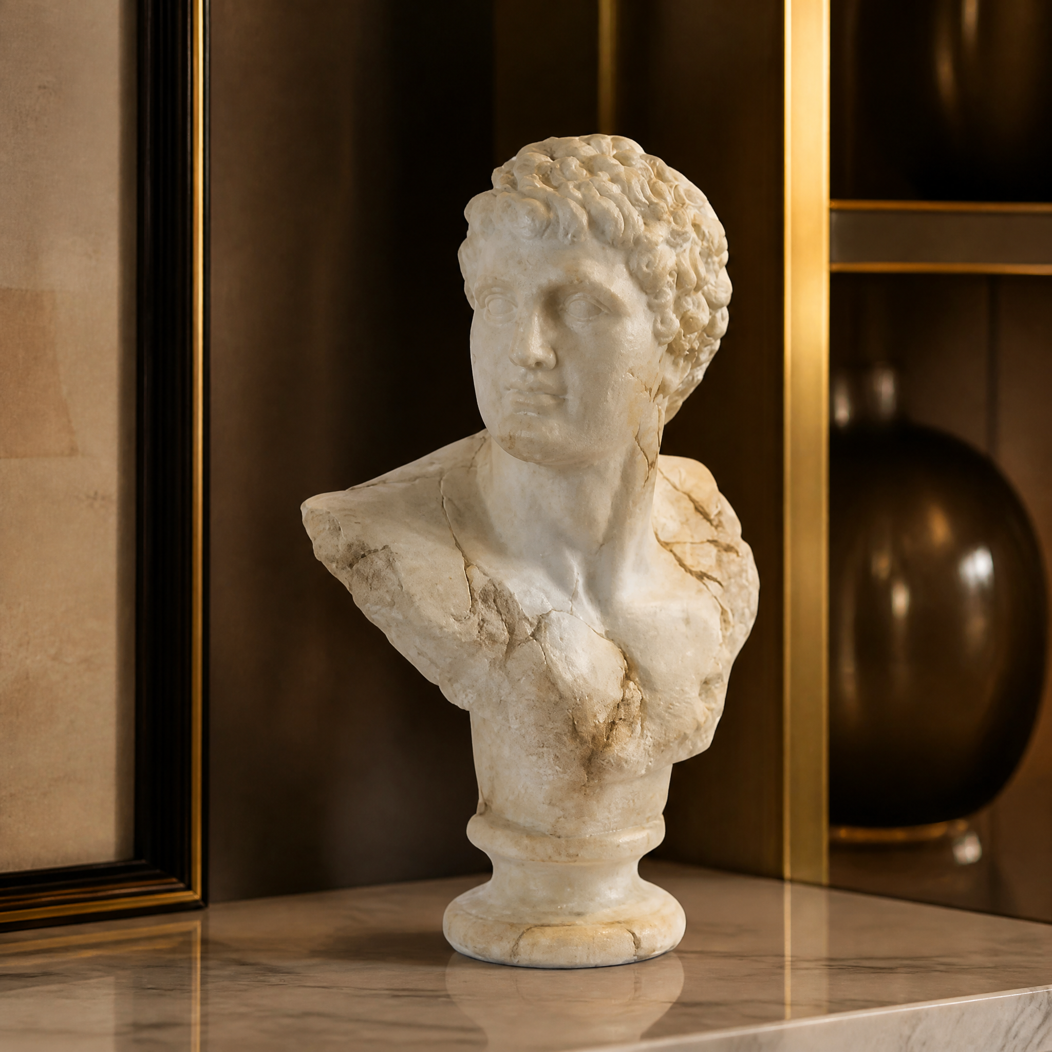 Macro close-up shot highlighting the refined textures and timeless sculptural features of the VORELLI Apollo Bust.