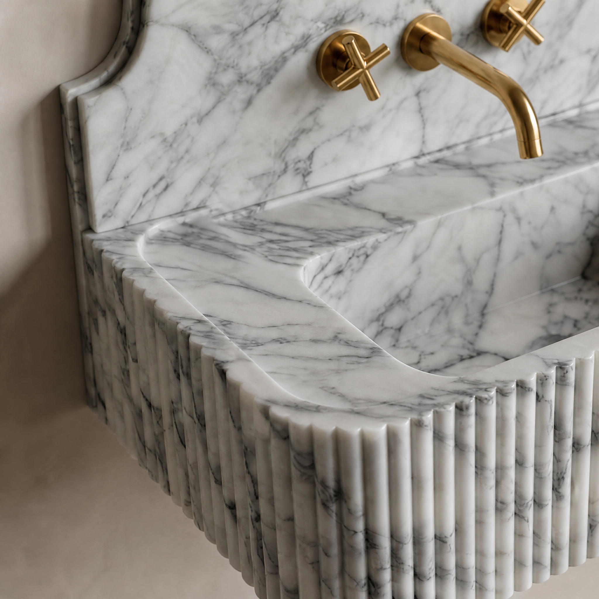 Arabescato Backsplash Sink - Fluted stone craftsmanship detail image by VORELLI