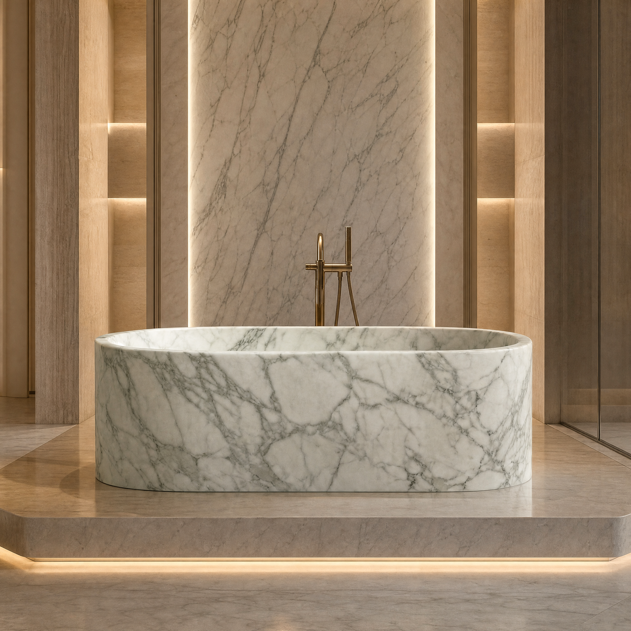 Arabescato Marble Freestanding Bathtub - Elliptical palace hotel spa lifestyle image by VORELLI