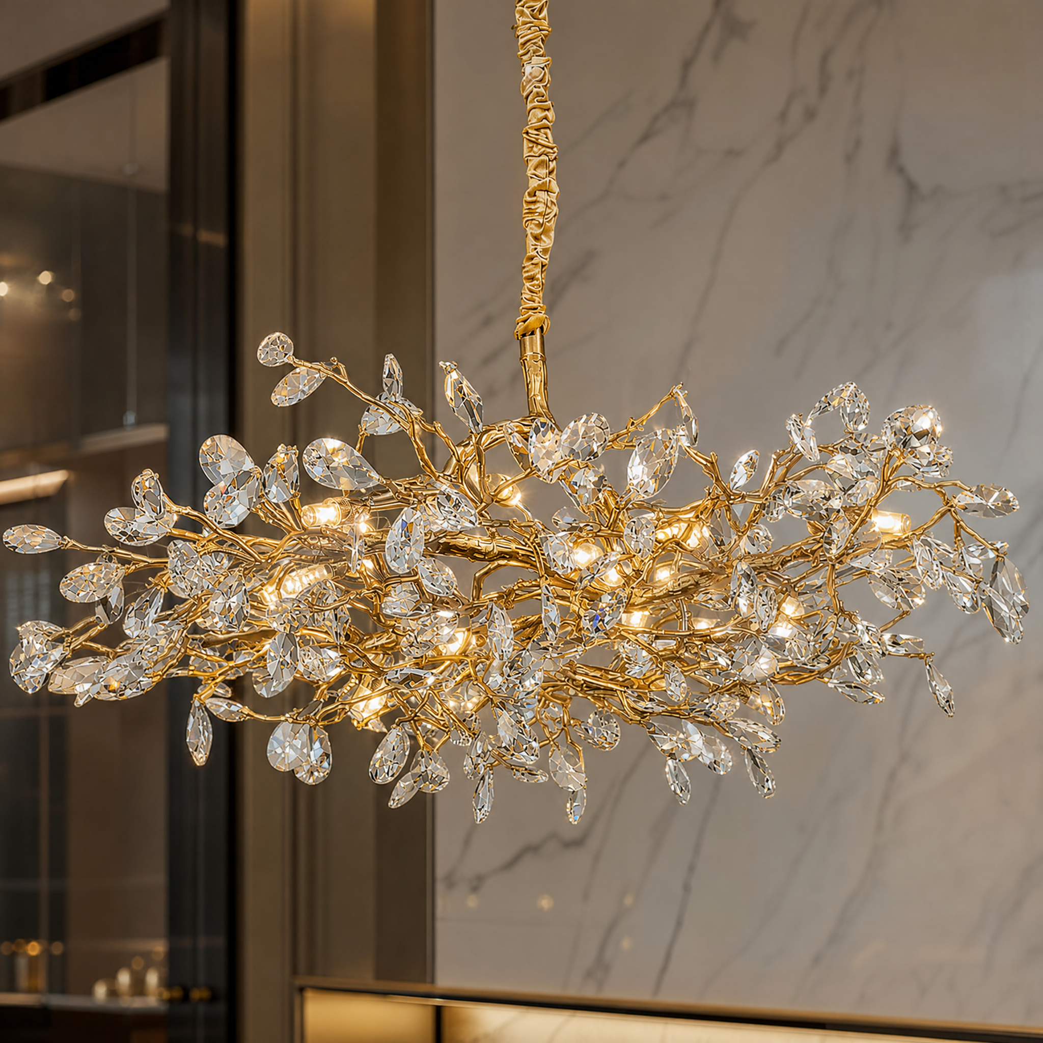 Detailed close-up of the diamond-cut faceted crystals and intricate branching on the VORELLI Arboré Circular Chandelier II.