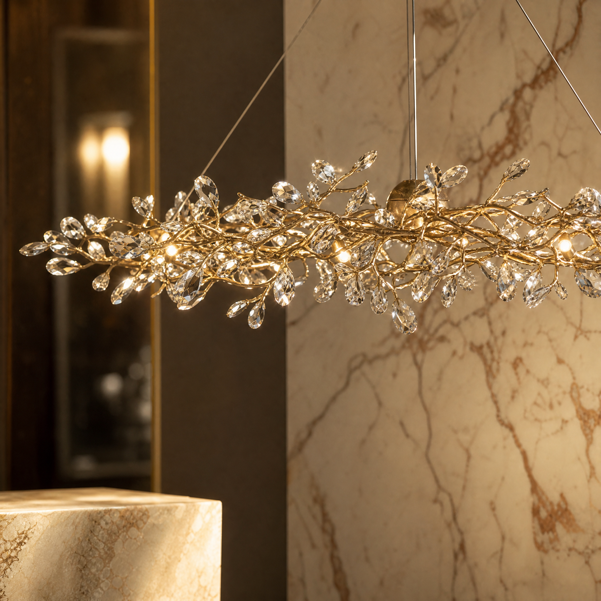 Macro shot of the diamond-cut faceted crystals on the VORELLI Arbore Rectangular Chandelier II branching frame.