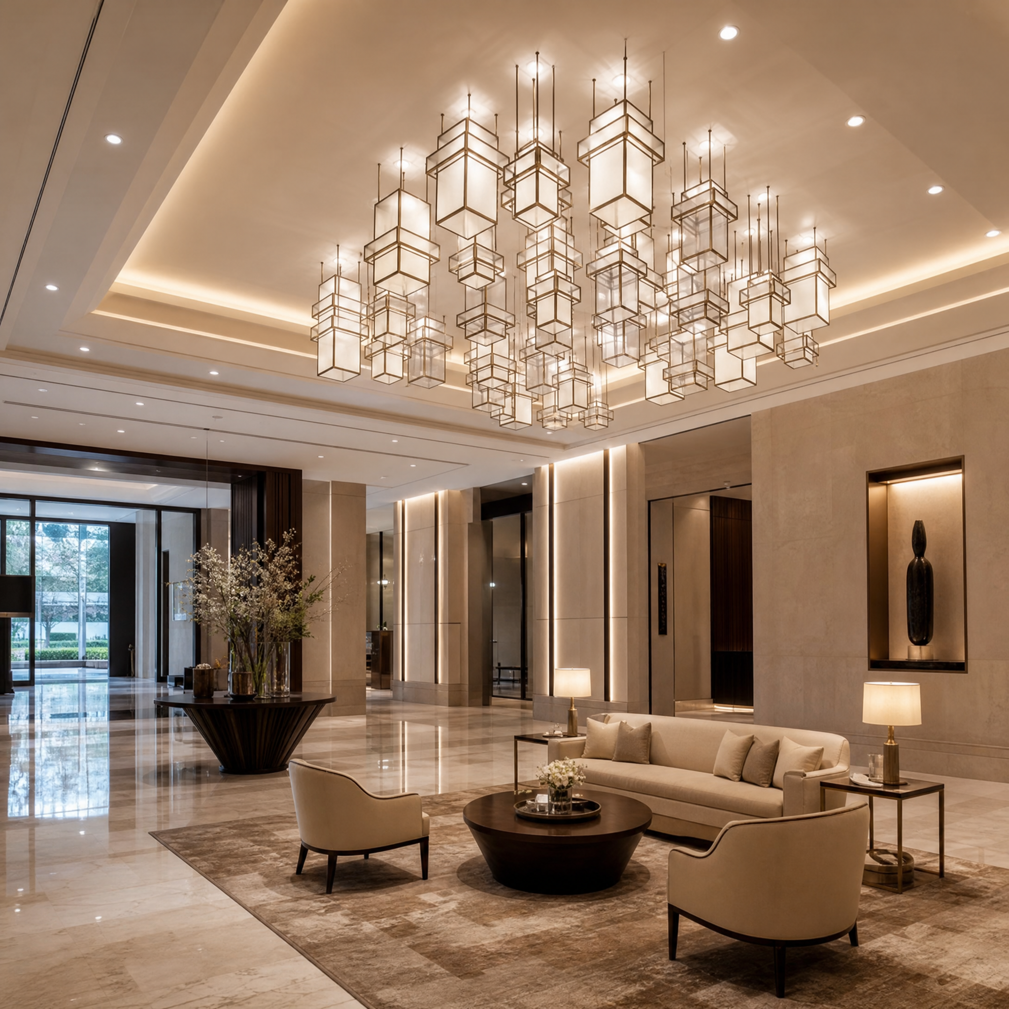 An architectural arrangement of geometric acrylic forms by VORELLI hanging at varying heights in a luxury hotel lobby, creating a striking contemporary focal point.