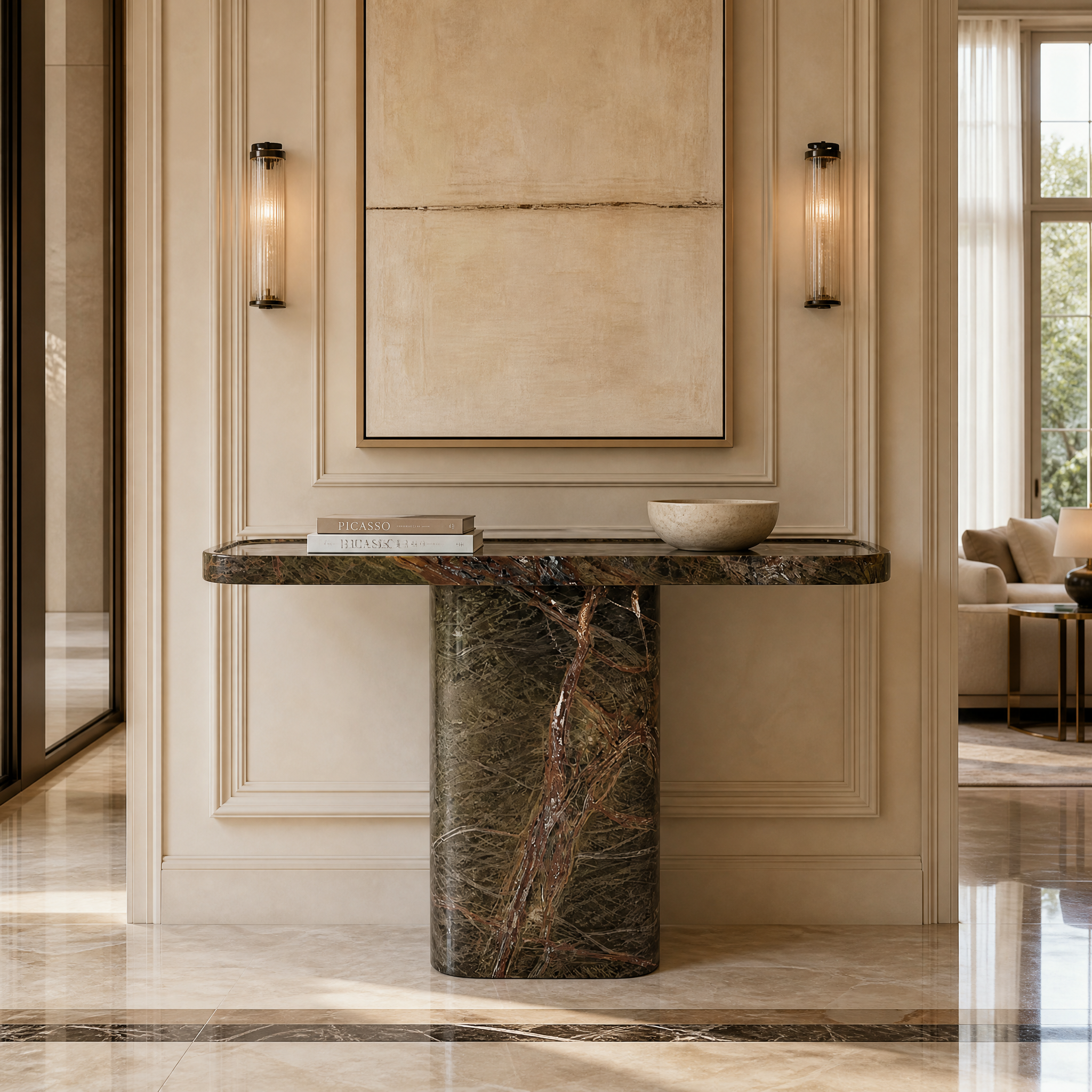 VORELLI Argentino Forest Green Marble Console Table styled in a luxury residential living room setting against a minimalist wall.