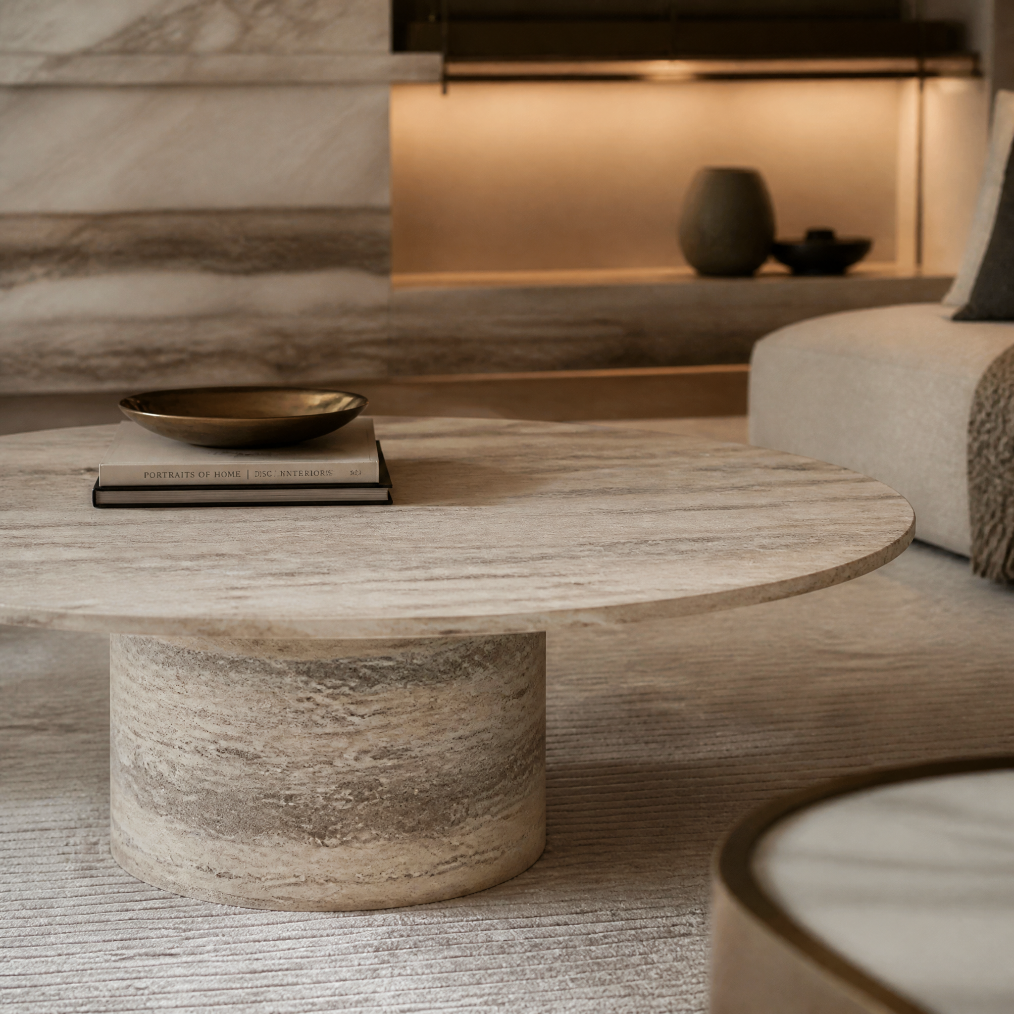 A detailed closeup showcasing the natural textured grain and warm tones of the VORELLI Argentino solid honed travertine stone.