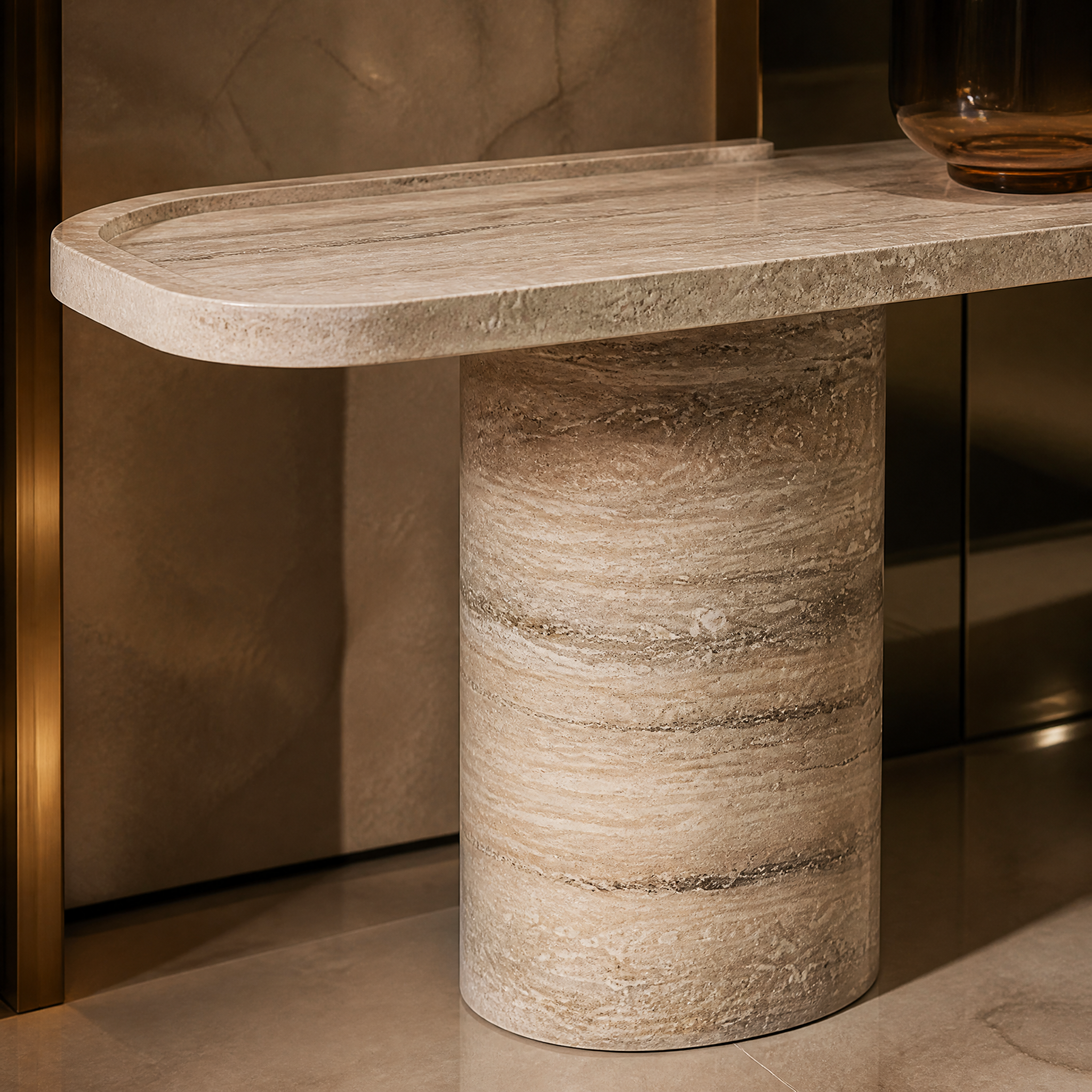 Detailed closeup showing the natural texture and warm neutral tones of the solid honed stone on the VORELLI Argentino travertine console table.