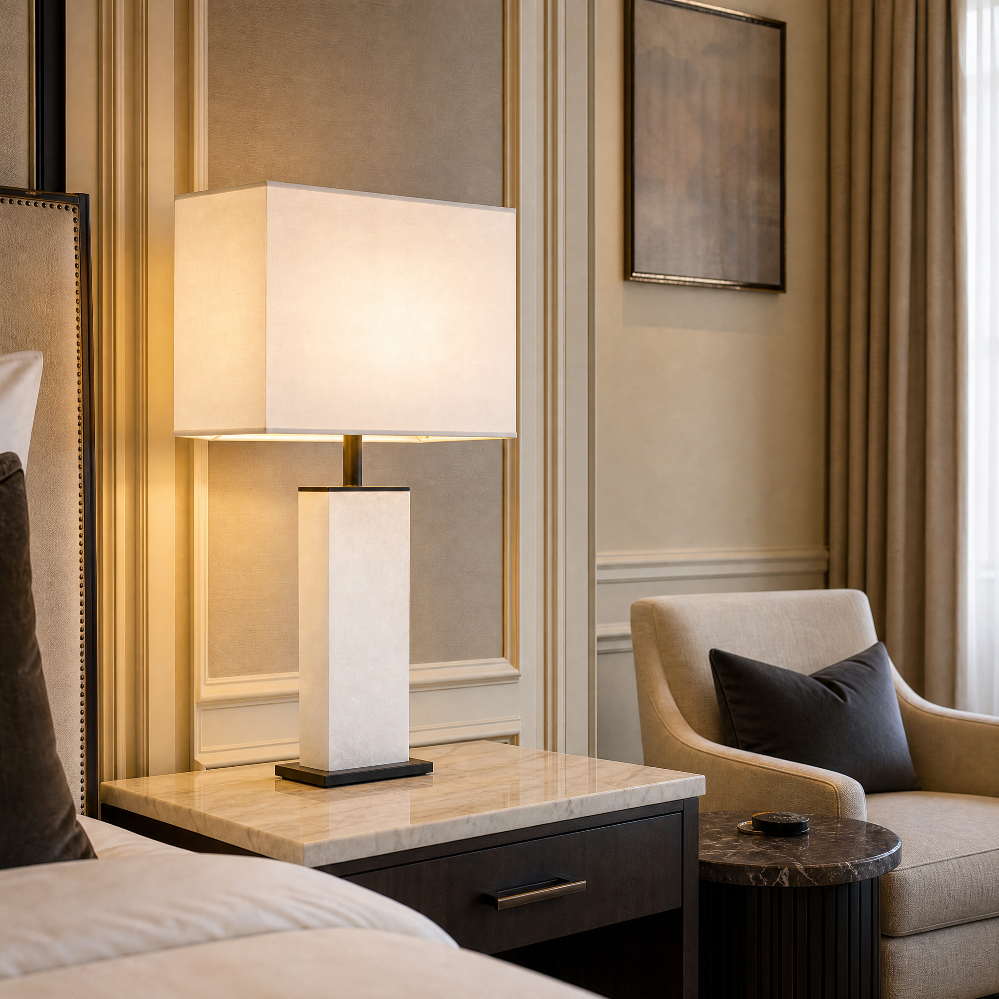 Elegant VORELLI Arlena alabaster bronze table lamps casting warm illumination in a sophisticated hotel lounge setting.