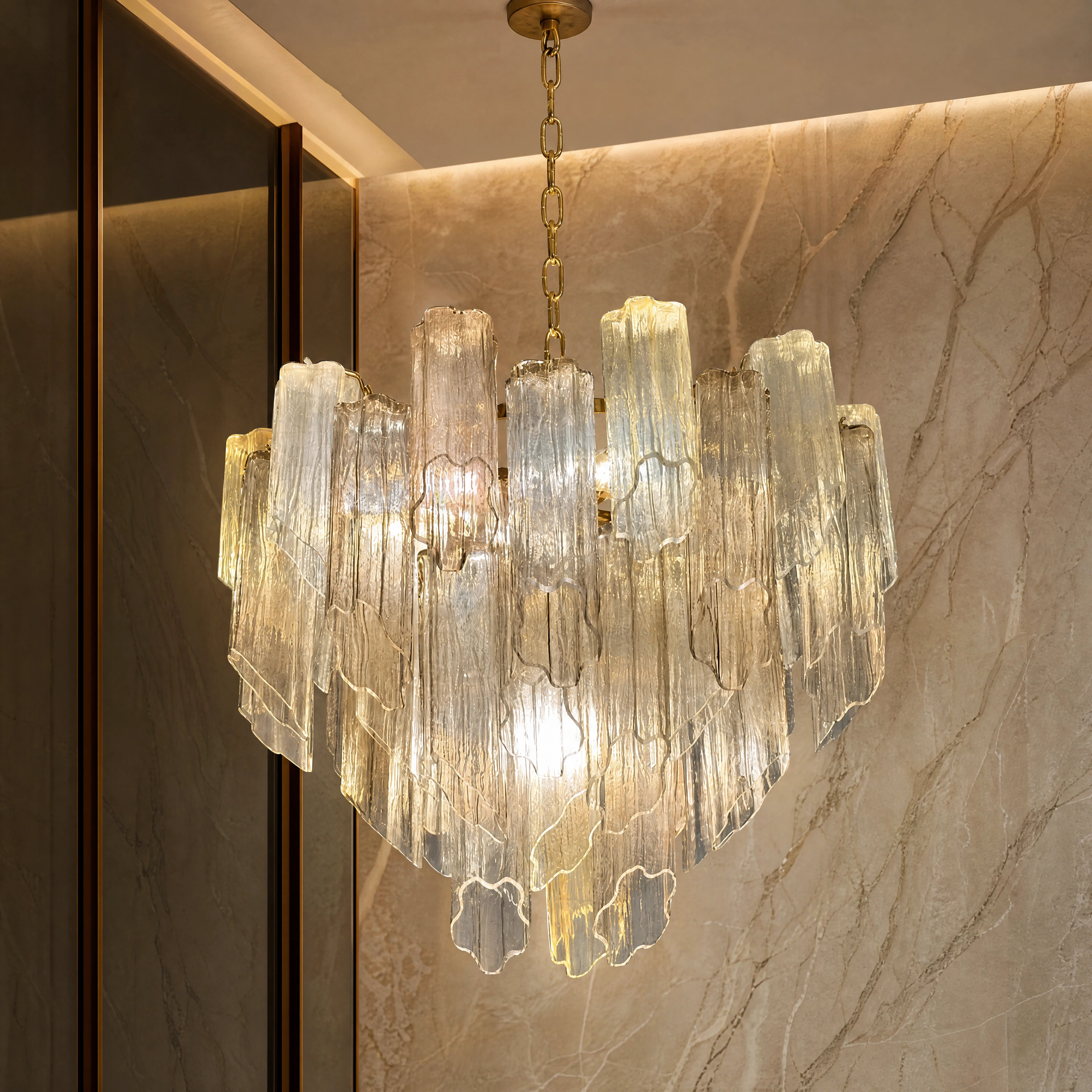 Artemisia Tronchi Murano Glass Staircase Chandelier close-up luxury lifestyle hero image by VORELLI