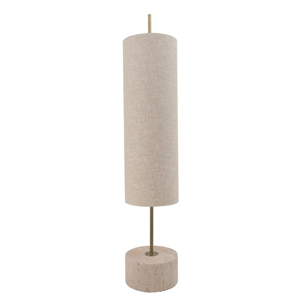VORELLI® Arvane brass table lamp with travertine base and tall fabric shade
