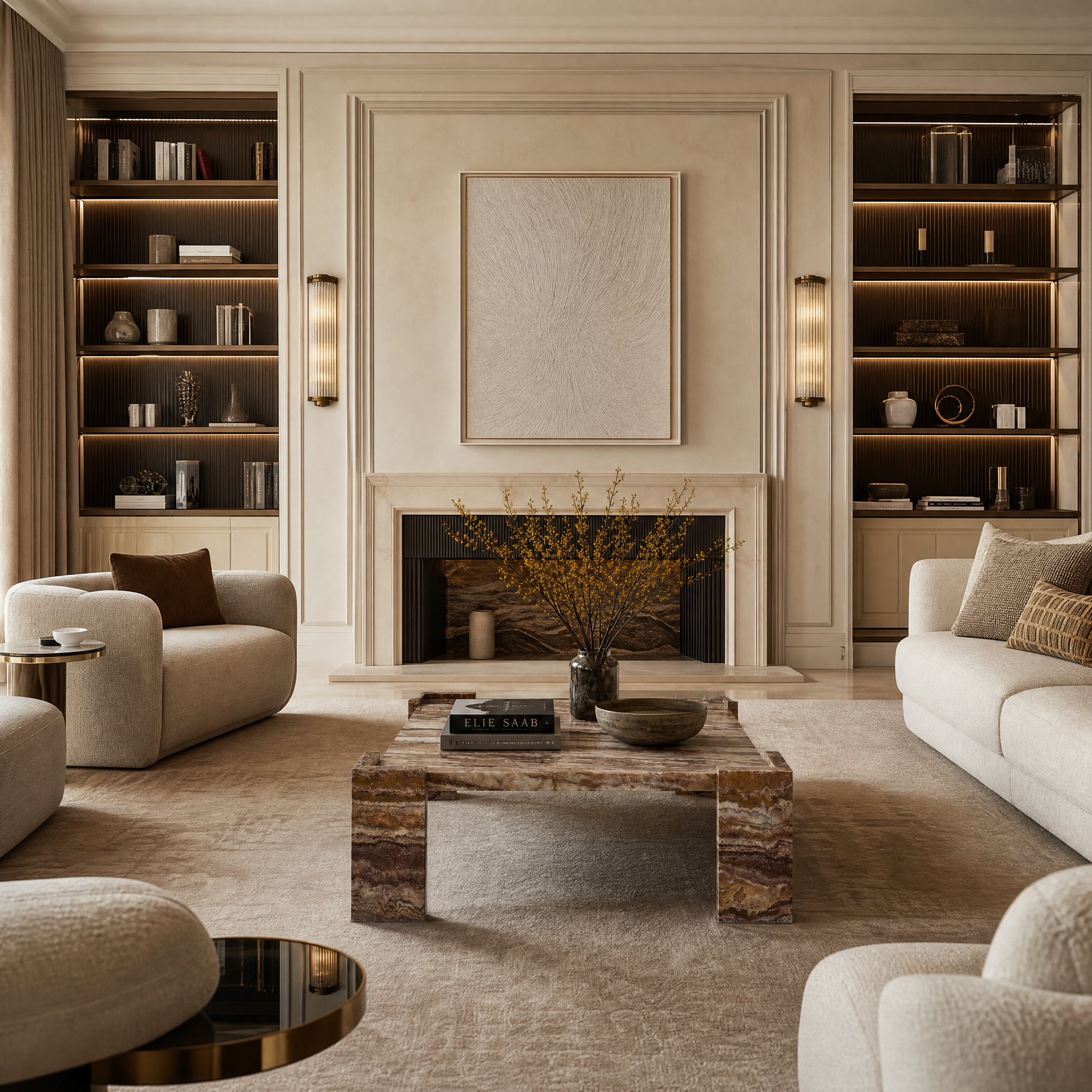 VORELLI Asprino contemporary square coffee table in luxurious organic red jade marble, styled in a high-end residential living room setup.