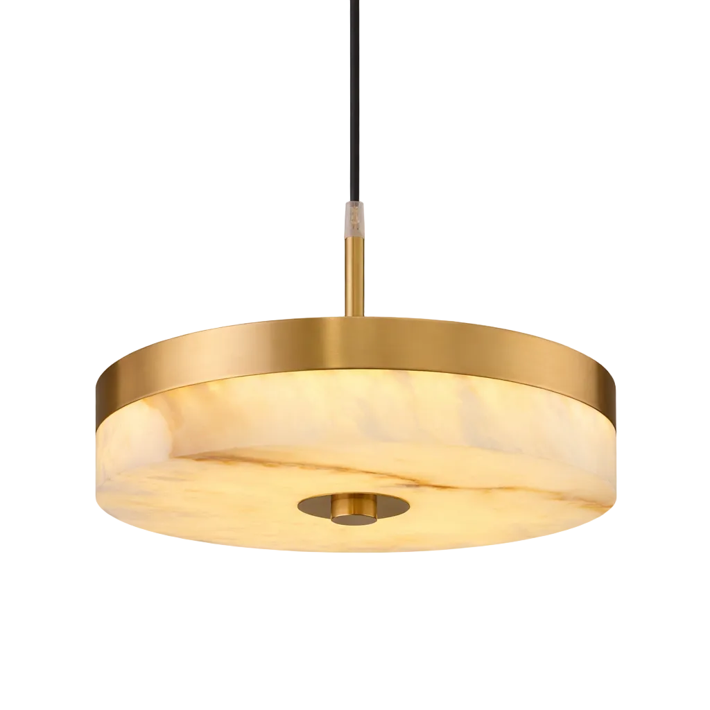 Vorelli Athena pendant lamp featuring a luminous marble cylinder encased in a sleek metallic gold frame for a sophisticated mood.