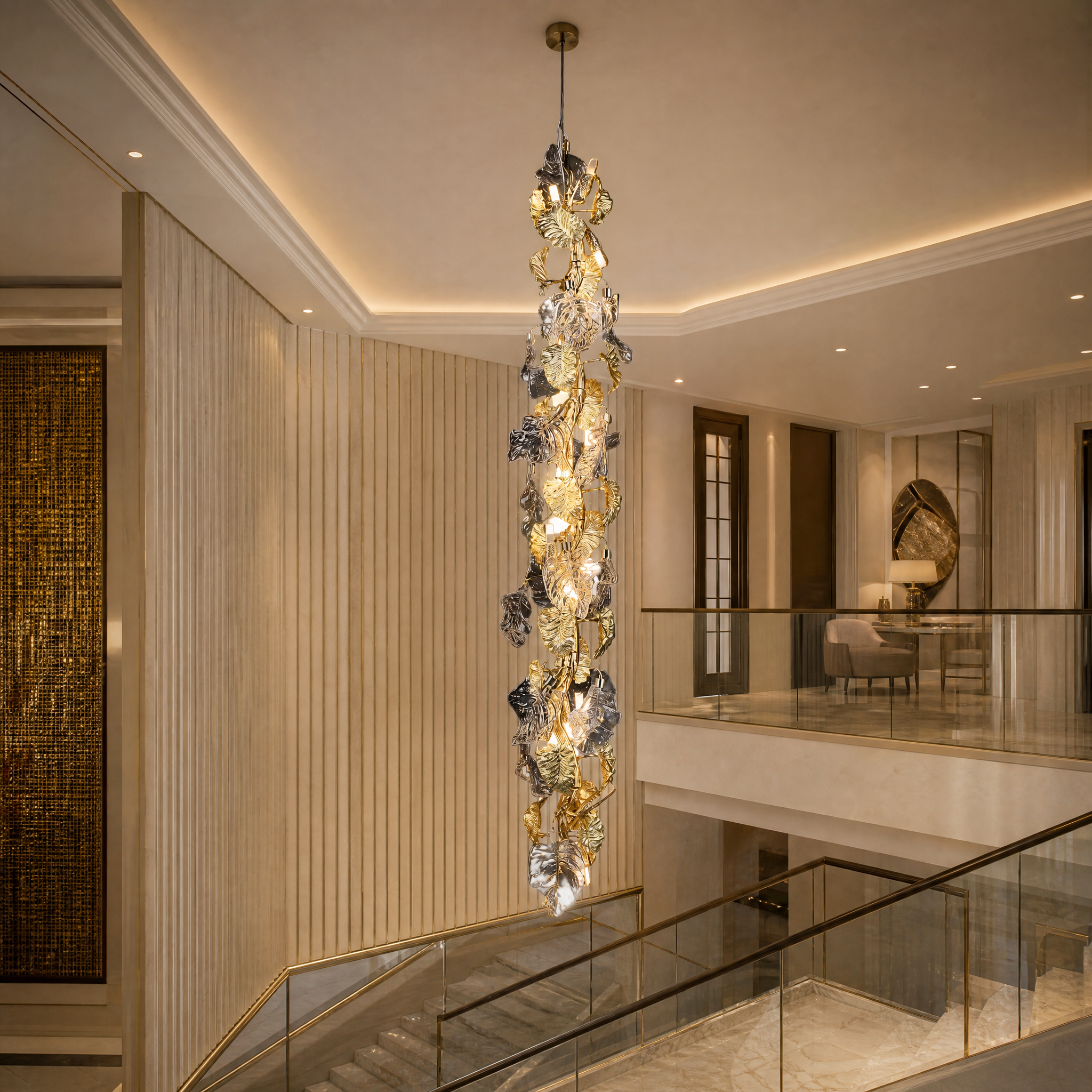 Grand hospitality lobby featuring the VORELLI Aura Leaf Linear Staircase Chandelier II, creating a sense of movement and quiet luxury.