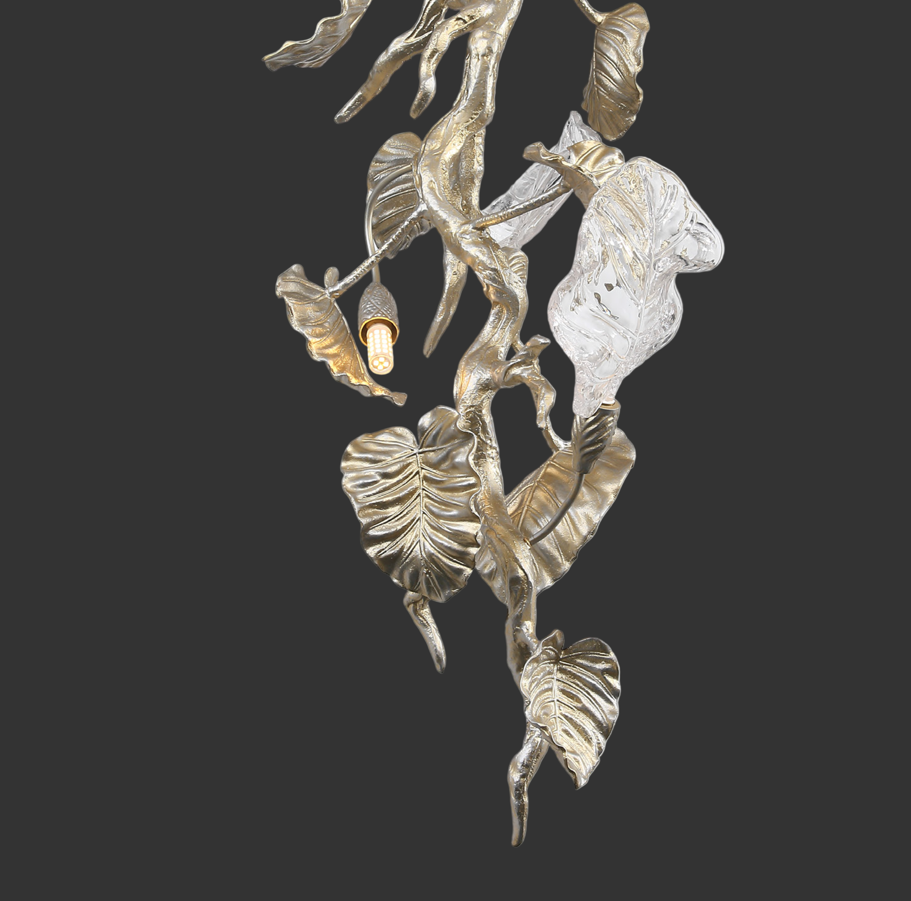 Close-up of the Aura Leaf Rectangular Chandelier showcasing sculpted glass leaves and refined botanical detailing