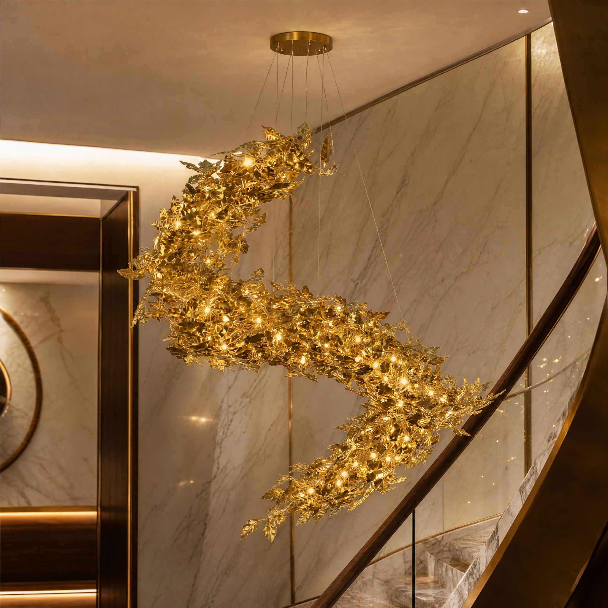 Macro shot of the sculpted golden metallic leaves on the Aureus luxury light fixture by VORELLI.